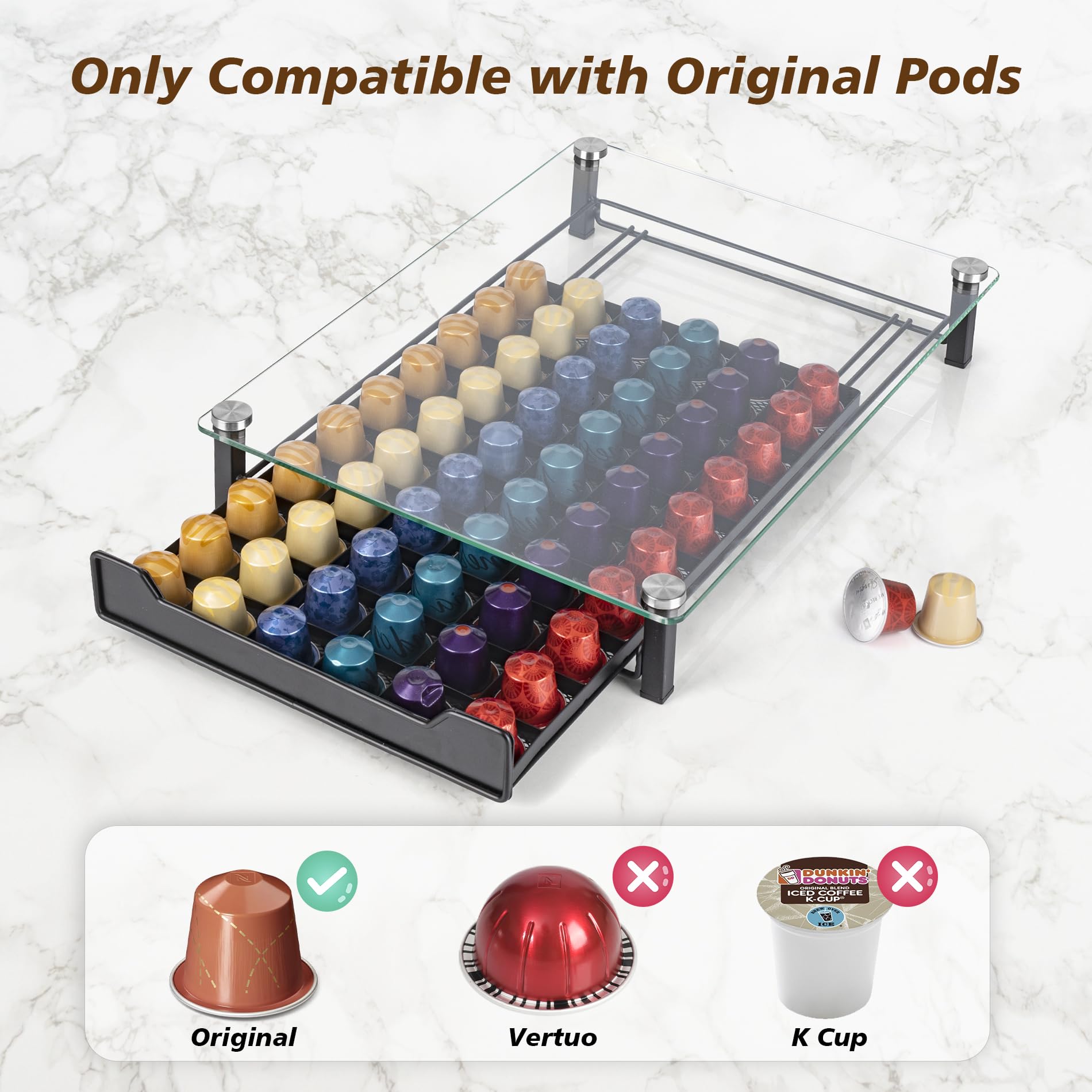 Soporte para cápsulas de café compatible con Nespresso OriginalLine, Soporte para máquina de café con Tapa de Vidrio, Dispensador de cápsulas para almacenar 60 Cápsulas
