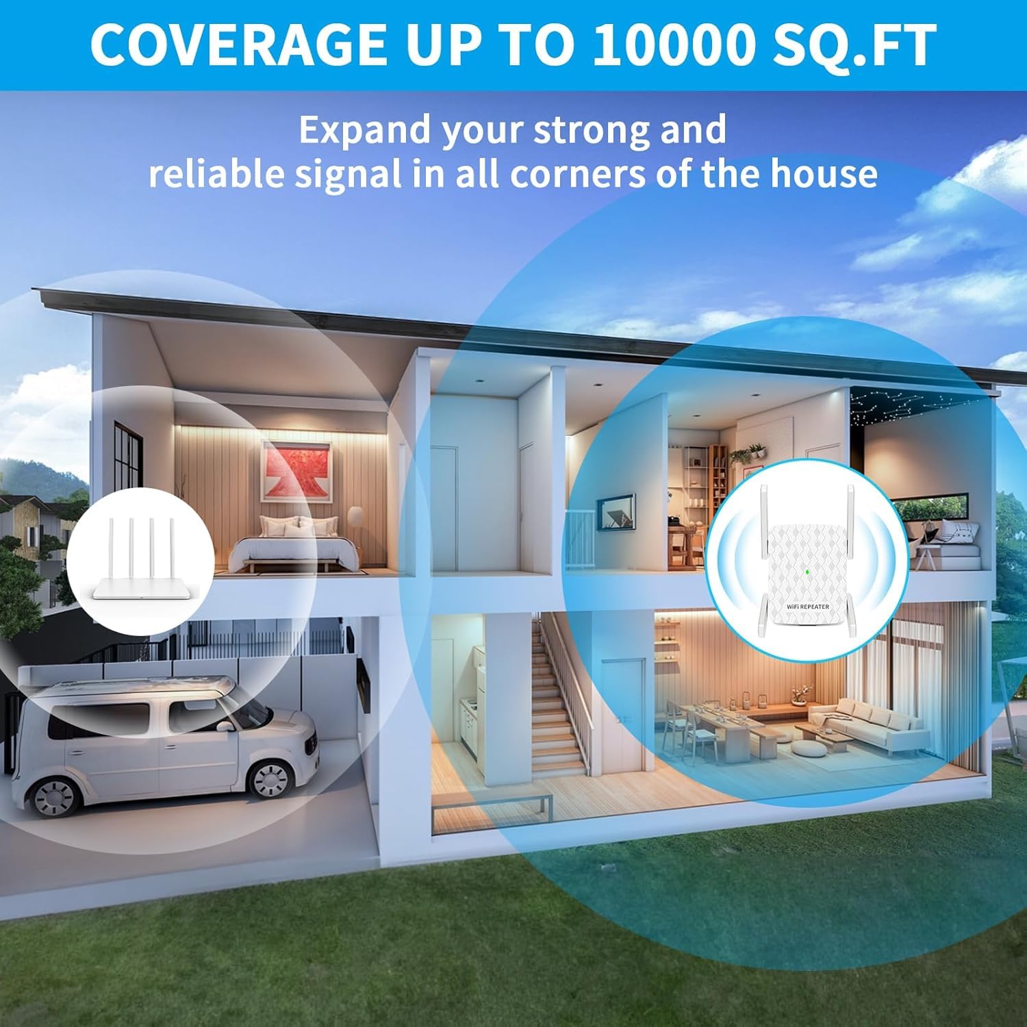 Amplificateur WiFi ultraxtended 1200 Mbps, répéteur WiFi double bande 5 GHz et 2,4 GHz – avec port Ethernet, 4 antennes, configuration rapide, amplificateur de signal sans fil domestique