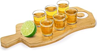 Suwimut Tequila Shot Board and Glass Holder with 6 Shot Glasses, Bamboo Serving Tray Flight Board with Salt Rim, Tequila Gifts for Liquor, Club, Home, Bar, Party, Wedding, Housewarming, Christmas