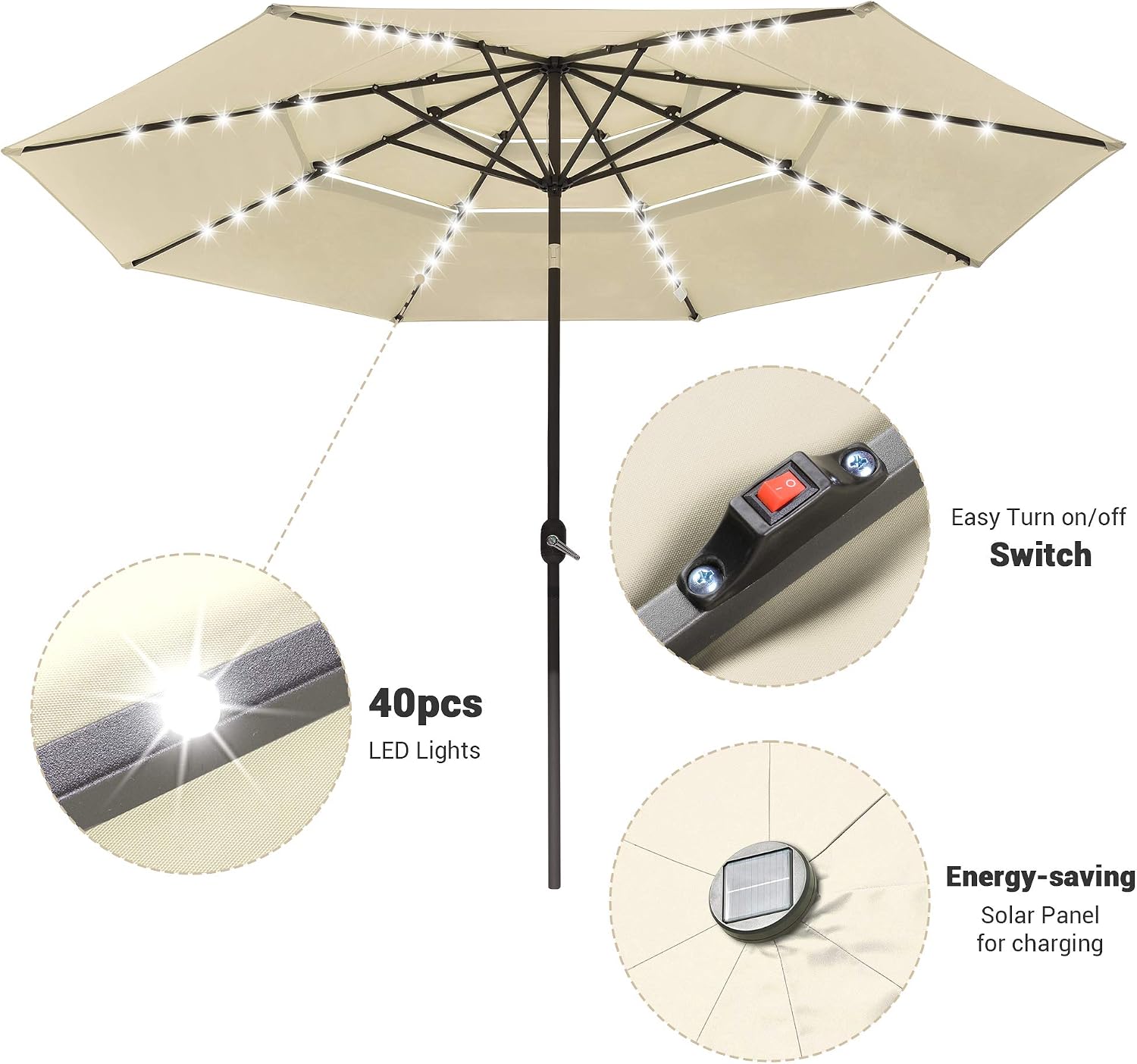 Yescom 11ft 3 Tier UV70+ Solar Powered LED Patio Umbrella with Crank Tilt Button Light for Outdoor Deck Market