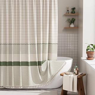 AmazerBath Boho Farmhouse Shower Curtain Set with Tassels - Faux Linen Sage Green Striped, Hooks Included 72x72