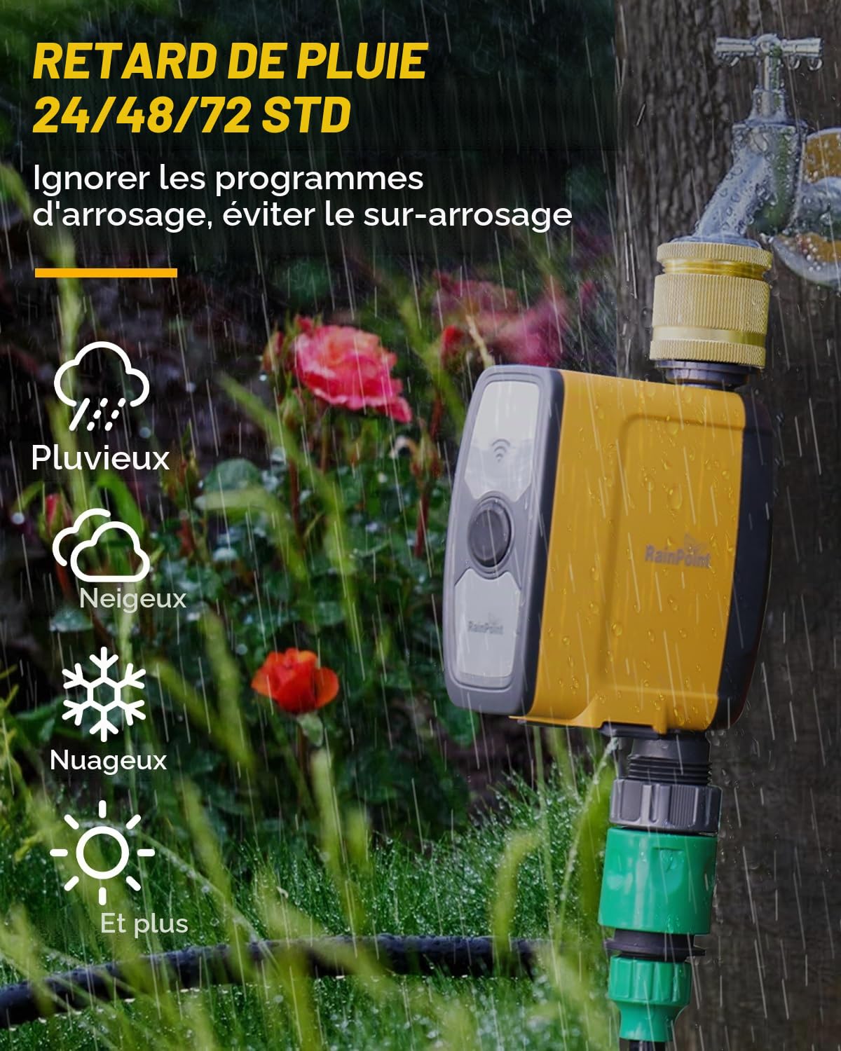 RAINPOINT Programmateur Arrosage WiFi 2,4 GHz, Entrée en Laiton, Minuteur Arrosage Automatique avec App/Commande Vocale, Irrigation Basée sur la Météo/L'humidité du Sol pour Jardin, Pelouse, Serre