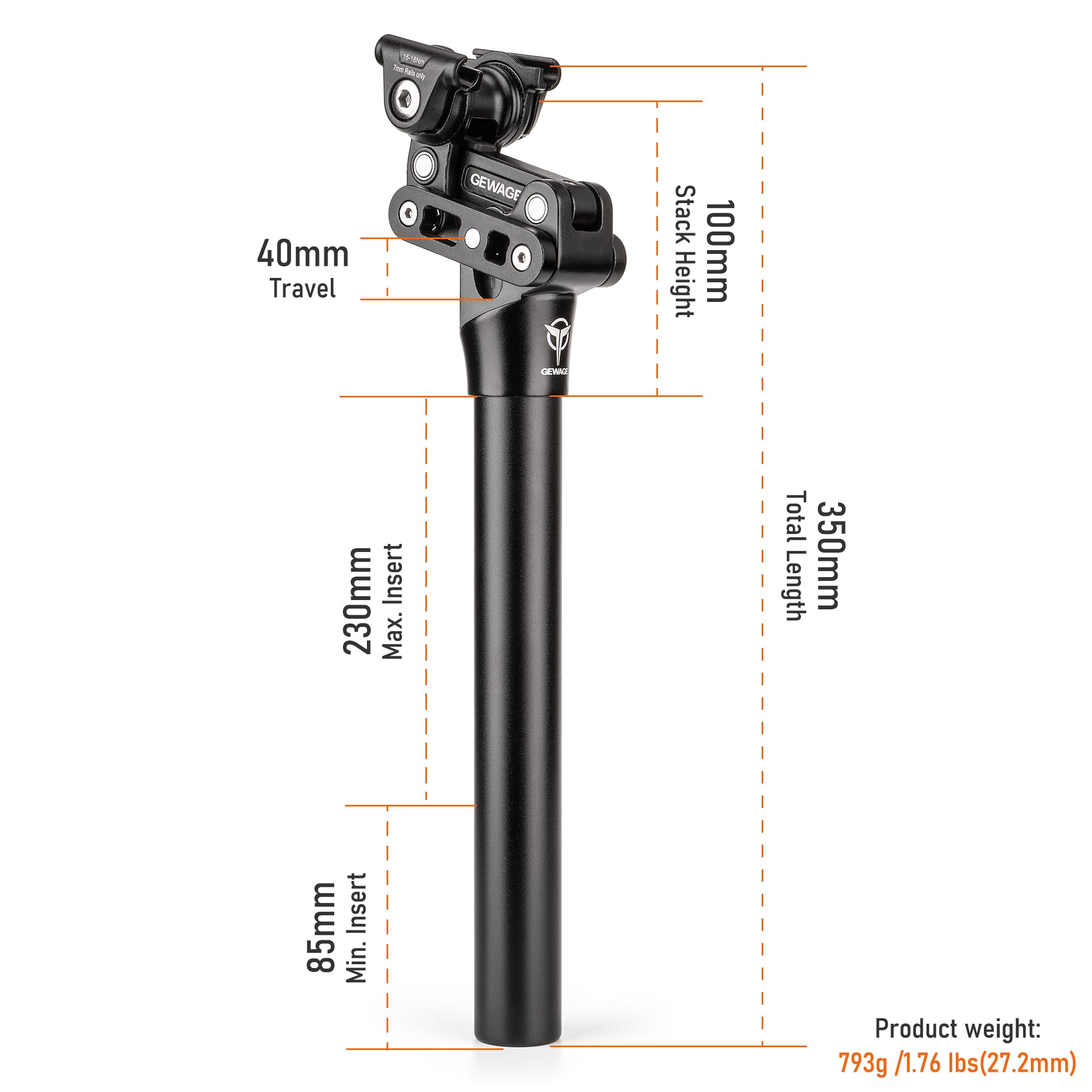 GEWAGE Amortyzowana Sztyca 350 mm, Równoległobok, Skok 40 mm | Zawieszenie równoległoboczne z aluminium 6061-T6, skok 40 mm, dla osób 50–150 kg; e-bike, trekking, MTB i rower miejski.