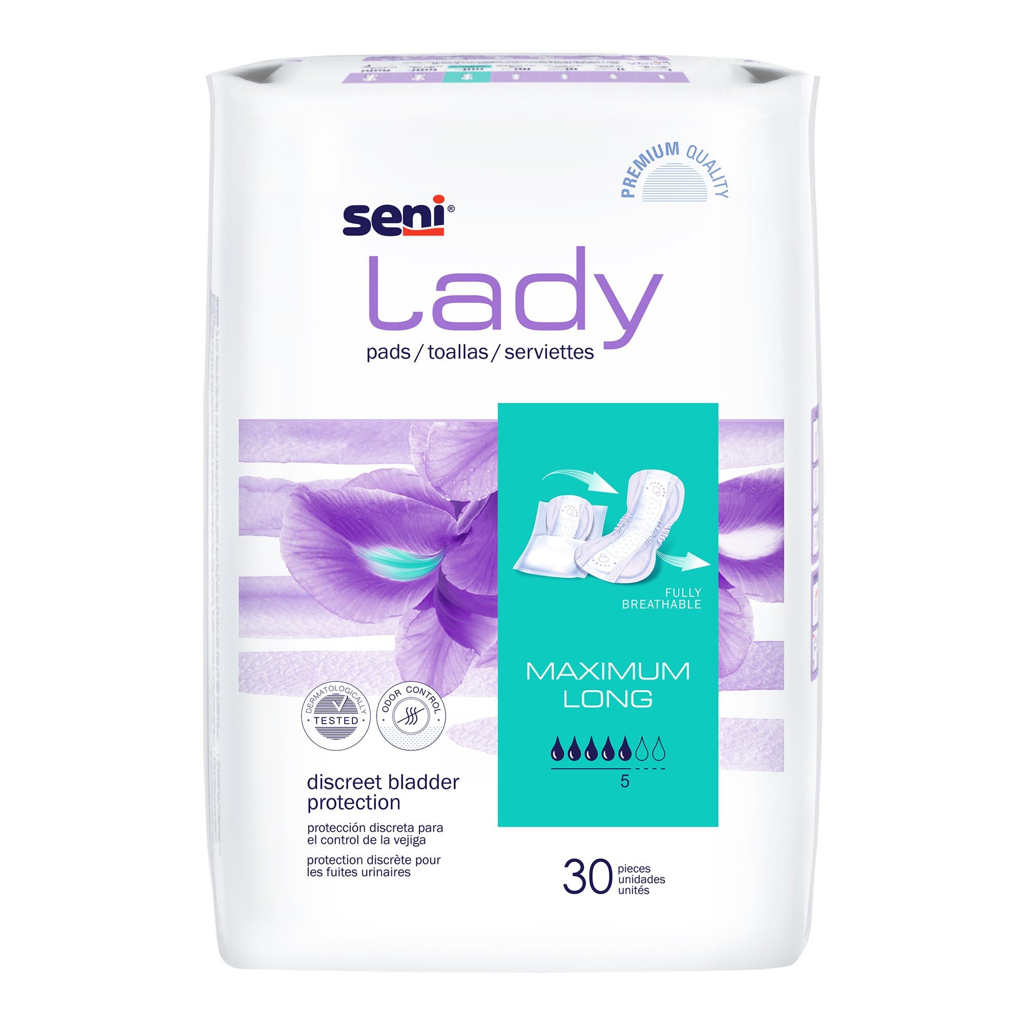 SeniLady Discrete Bladder Control Pads with Adhesive Strip, 30 Count (1 Pack of 30), Maximum Absorbency Level, Long, 11" Length with Super Absorbent Core and Odor Control