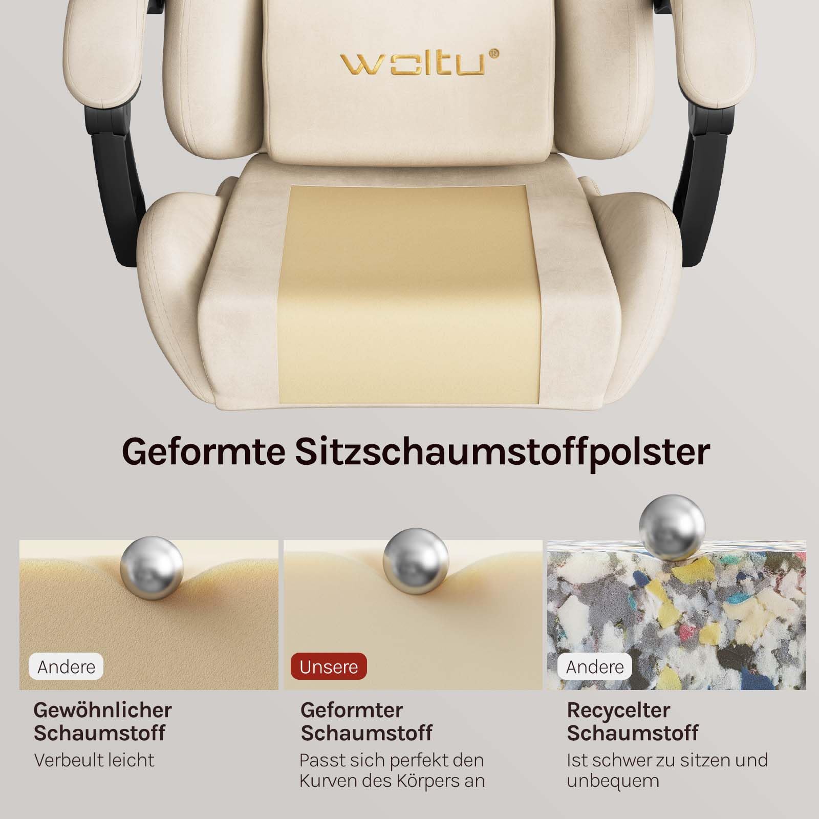 WOLTU Gaming Stuhl ergonomisch, mit Verstellbarer Rückenlehne, Bürostuhl drehbar mit Armlehenen, Fußstütze, Lendenstütze, Kopfstütze,Beige