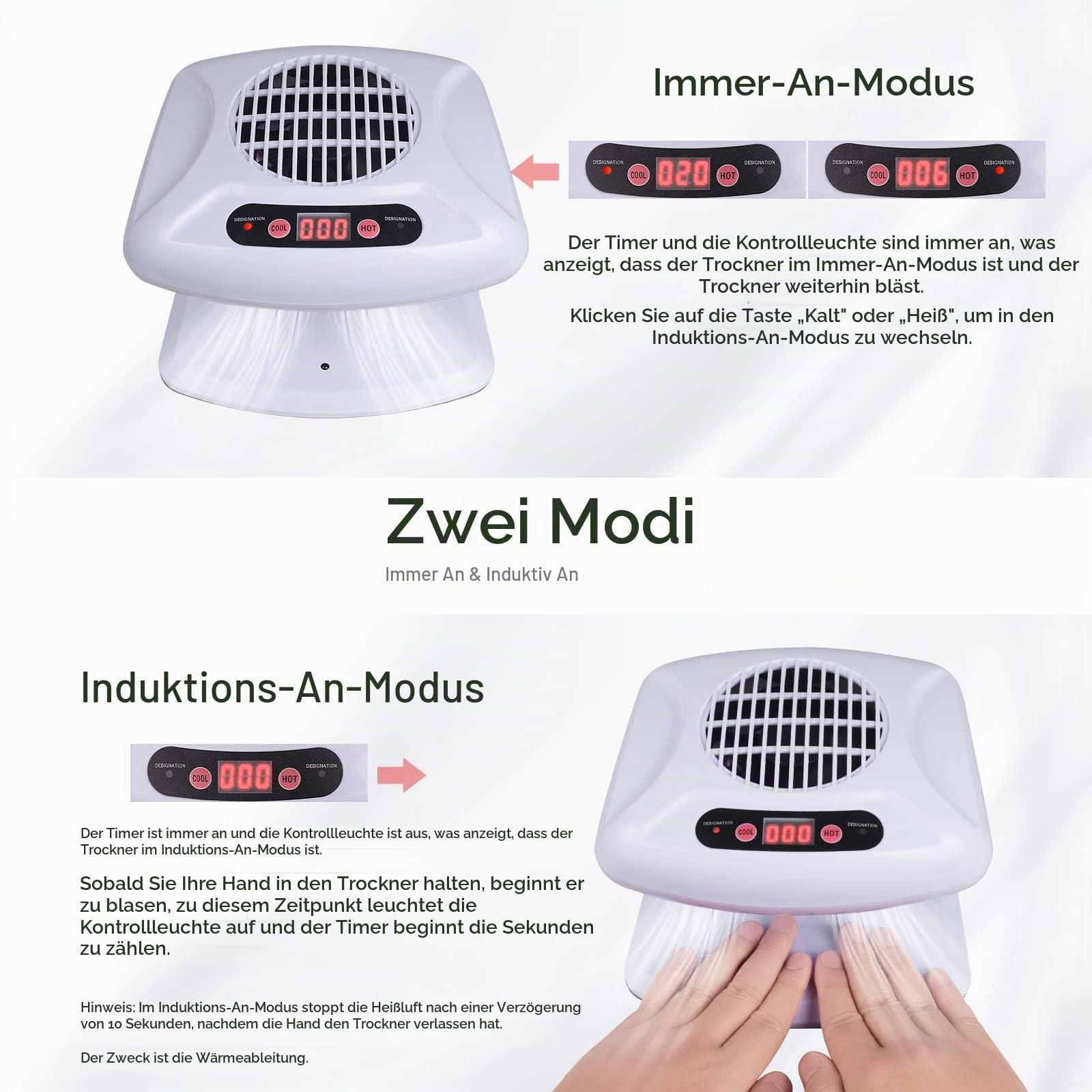 Gegong Air Nail Dryer mit automatischem Sensor, 300 W Timing Air Nail Fan Föhn für beide Hände und Füße, warmer und kühler Windgebläse-Trockner für normalen Nagellack, Zuhause und Salon