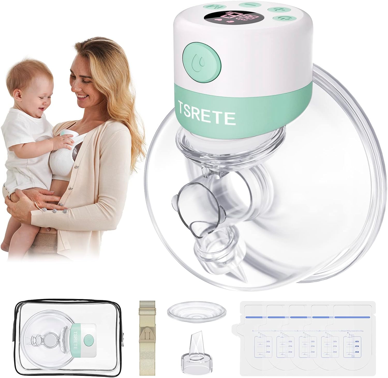 TSRETE Breast Pump Electric, Wearable Breast Pump, Hands Free Breast Pump, with 2 Modes, 9 Levels, LCD Display, Memory Function Rechargeable Single Milk Extractor with Massage Mode-24mm Flange-Green