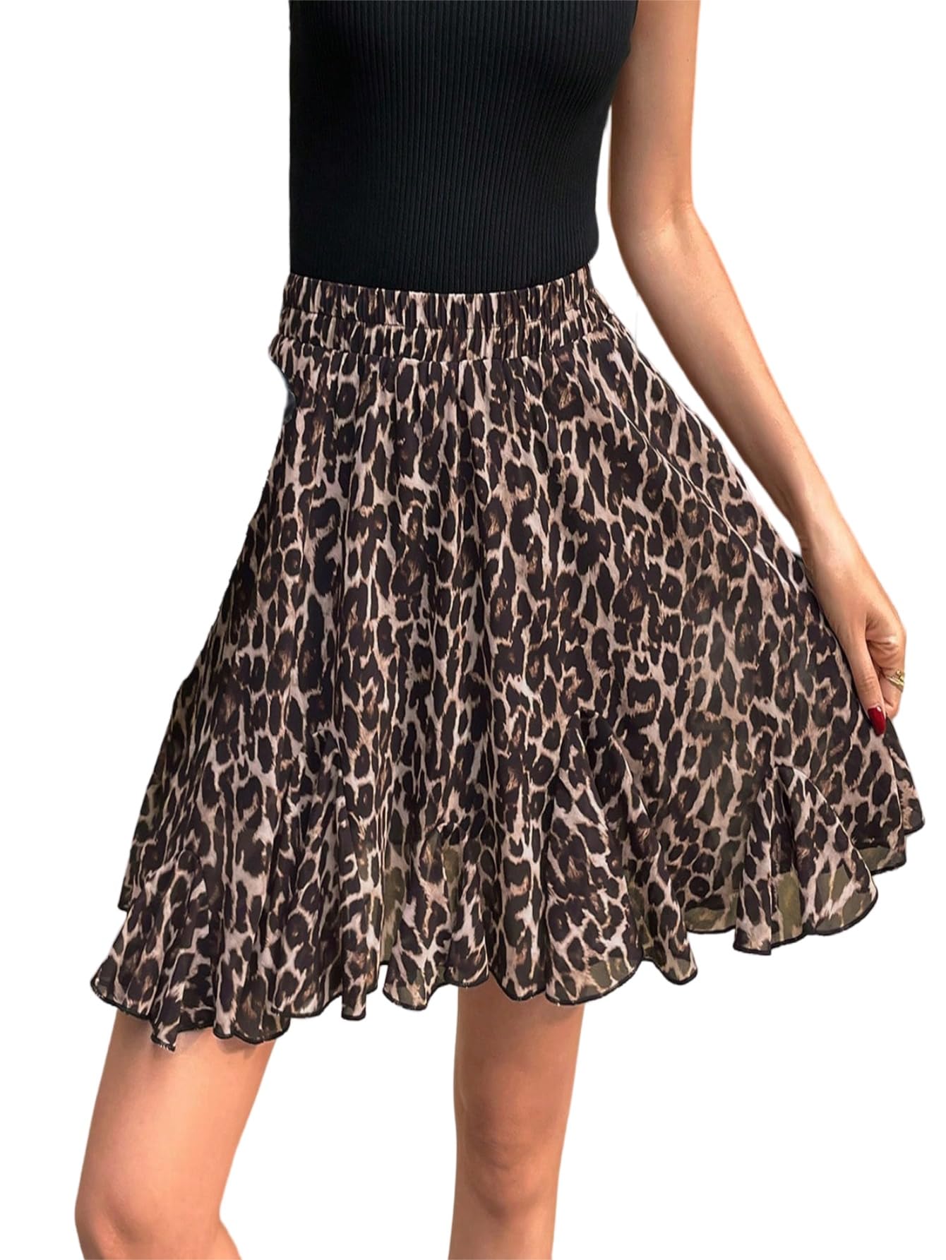 GORGLITTER Mini gonna da donna elegante leopardato, gonna a pieghe leopardata, minigonna a linea A, gonna corta con volant, per il tempo libero