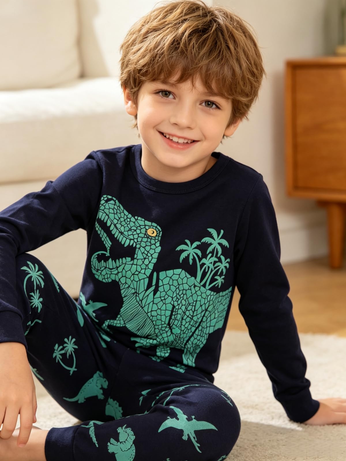 TEDD Jungen Schlafanzug Dinosaurier Langarm Zweiteilig Pyjama Kinder Baumwolle Schlafanzüge Set Winter Weihnachten Nachtwäsche Größe 1-12 Jahre