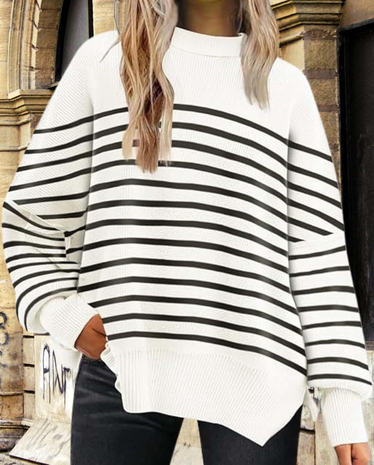 2025 Fall Womens Oversized Batwing Sweater Fashion Crew Neck Knit Side Slit Cozy Fall and Winter Pullover Sweater - Image 2