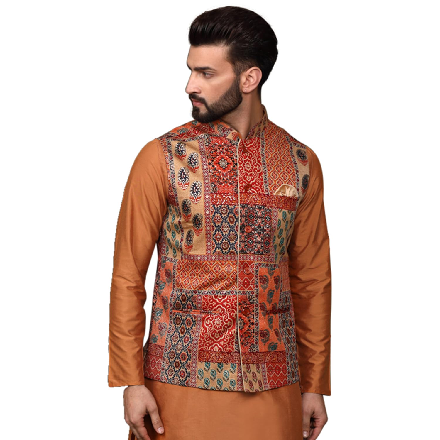 kisah Men's Ethnic Wear Regular Fit Printed Cotton Blend Multi-Orange Nehru Jacket, 36-picture-12