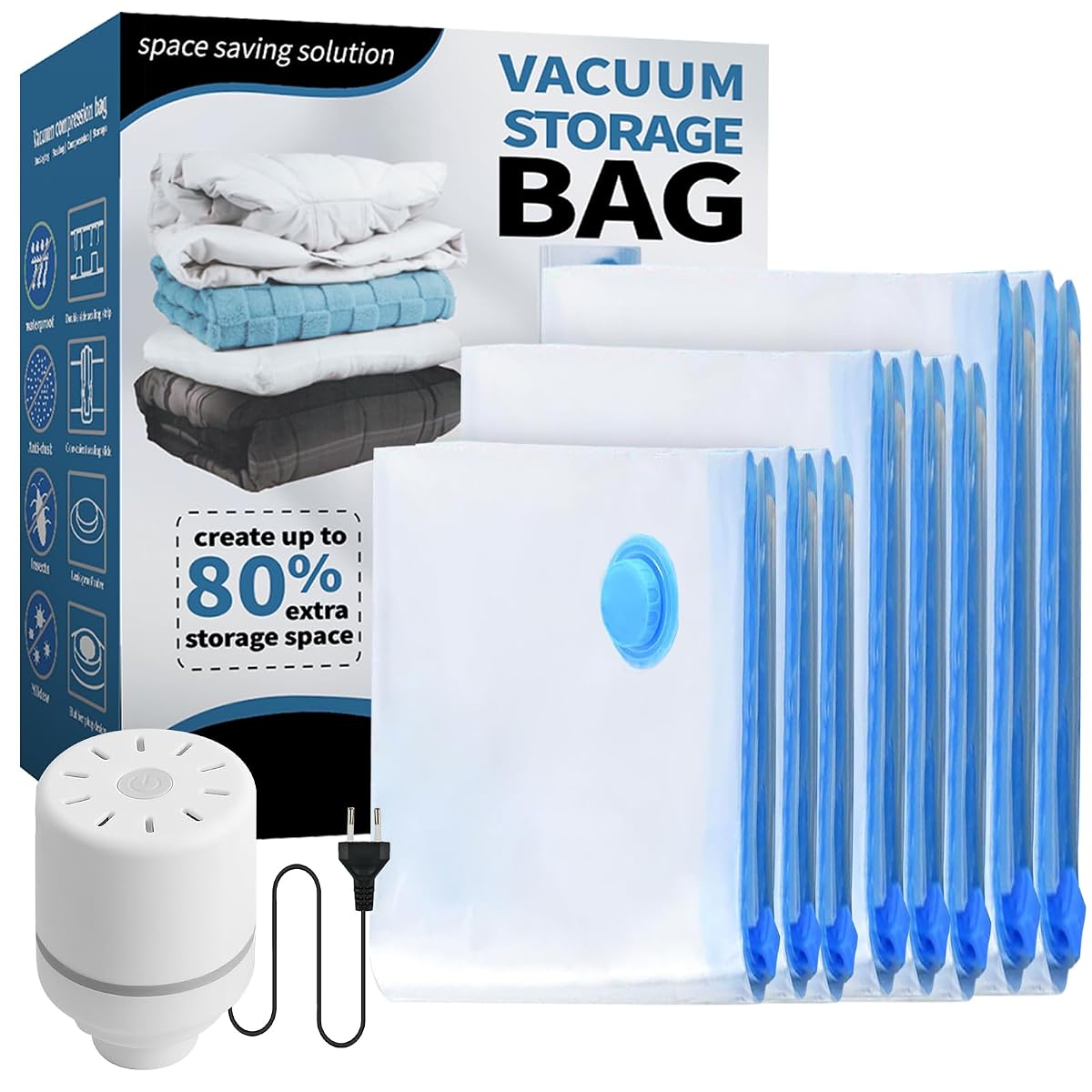 Pack of 8 Vacuum Bags for Clothes with Electric Air Pump, 2 x 100 x 80 cm, 3 x