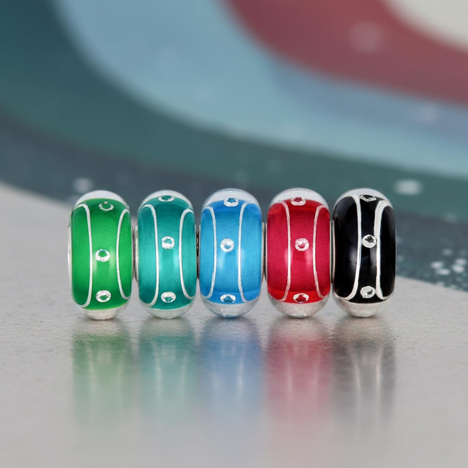 Bling Jewelry Bundle Set of 5 .925 Sterling Silver Murano Glass 3D Lamp work Multi Color Jewel Tone Foil Metallic Stripe Dots And Swirl Bubble Charm Bead For Women Teen Fits European Bracelet