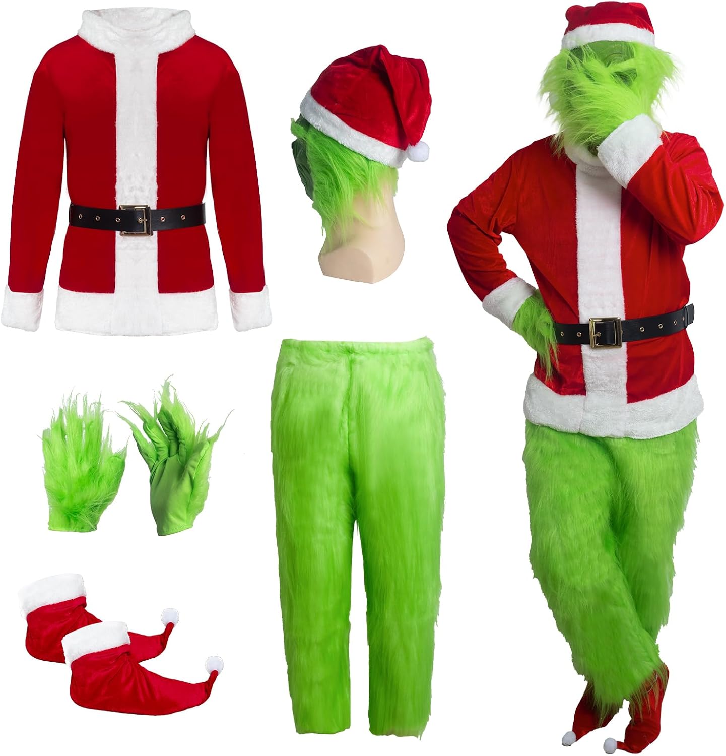 Green Monster Santa Claus Costumes for Men,Christmas Furry Santa Claus Costume Include Mask for Halloween Cosplay XX-Large