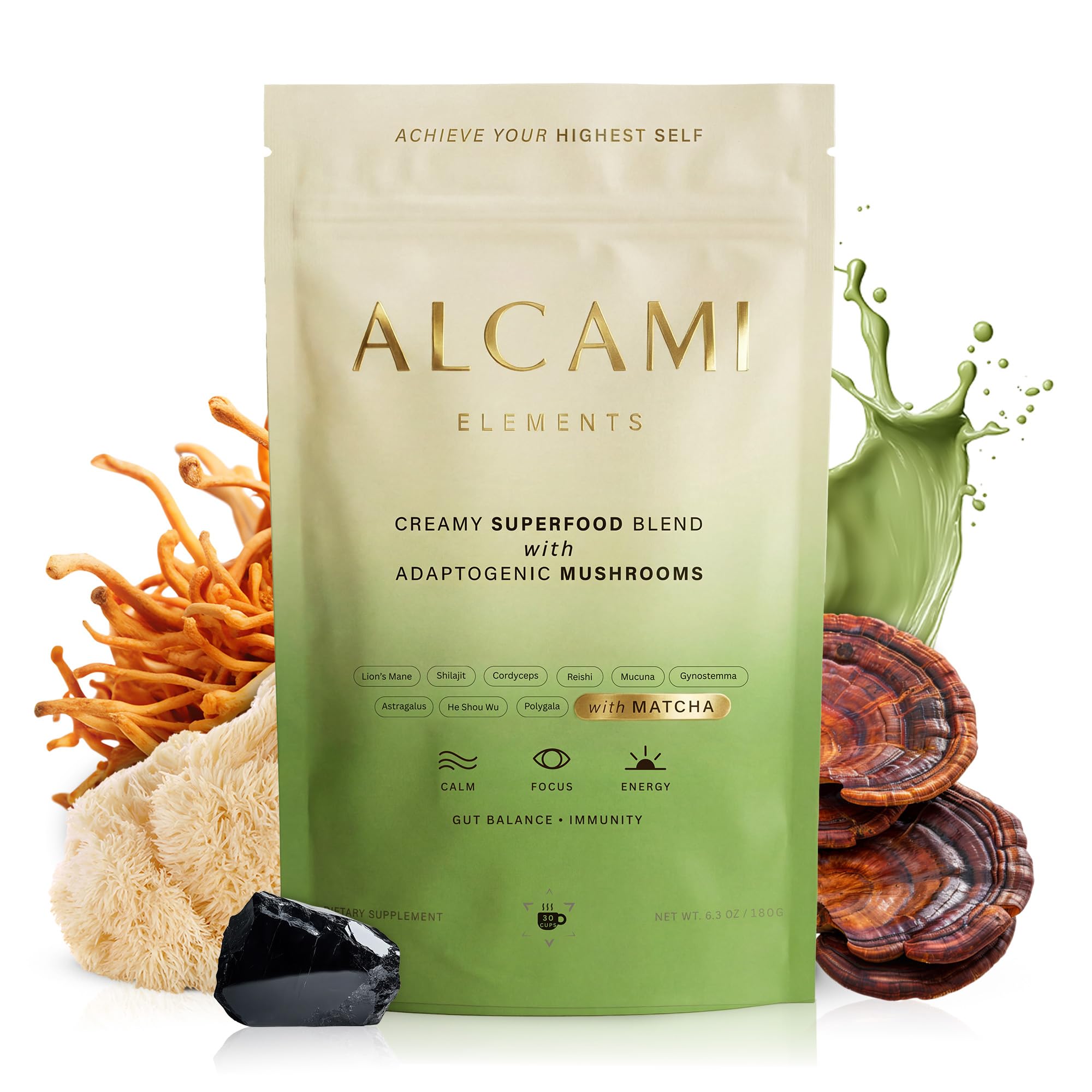 alcami elements Suplemento em pó de matcha com cogumelos, extratos 10:1, 30 porções