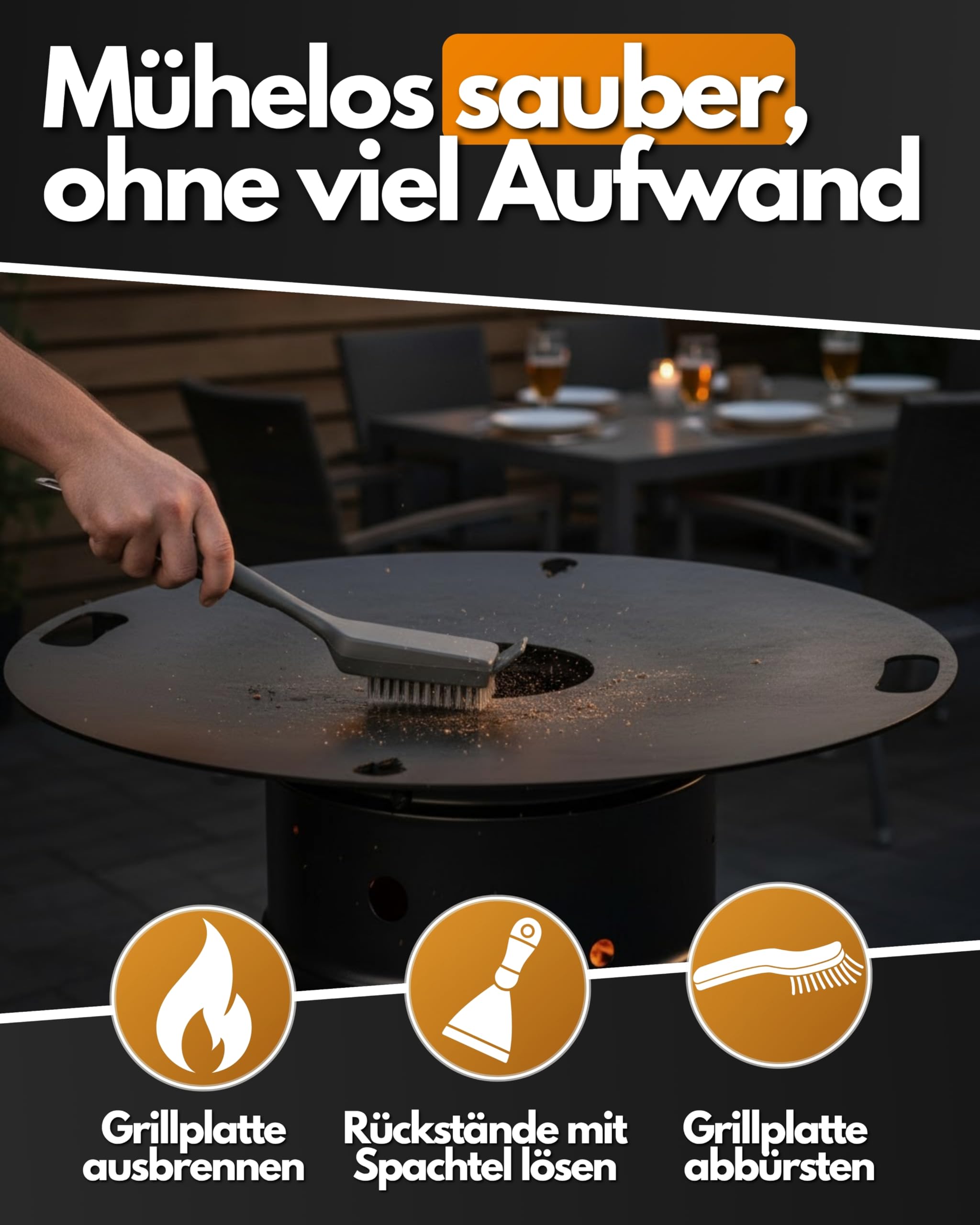 Feuerfest 123 Grillplatte rund I Ø 60cm I Feuerplatte aus Feinkorn-Stahl I Massive Plancha-Platte mit 4mm Stärke I Grillaufsatz für Feuerschale, Feuertonne, BBQ-Grilltonne & Kugelgrill