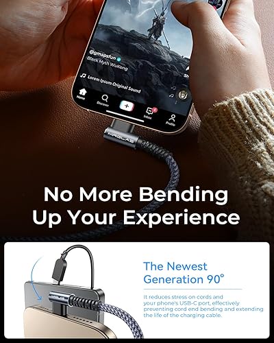 Miniatura 5 de Paquete de 4 cables USB C a USB C de 60 W 3.2 A, cable de carga rápida USBC a USBC chapado en oro cable de ángulo recto MRGLAS de nailon trenzado