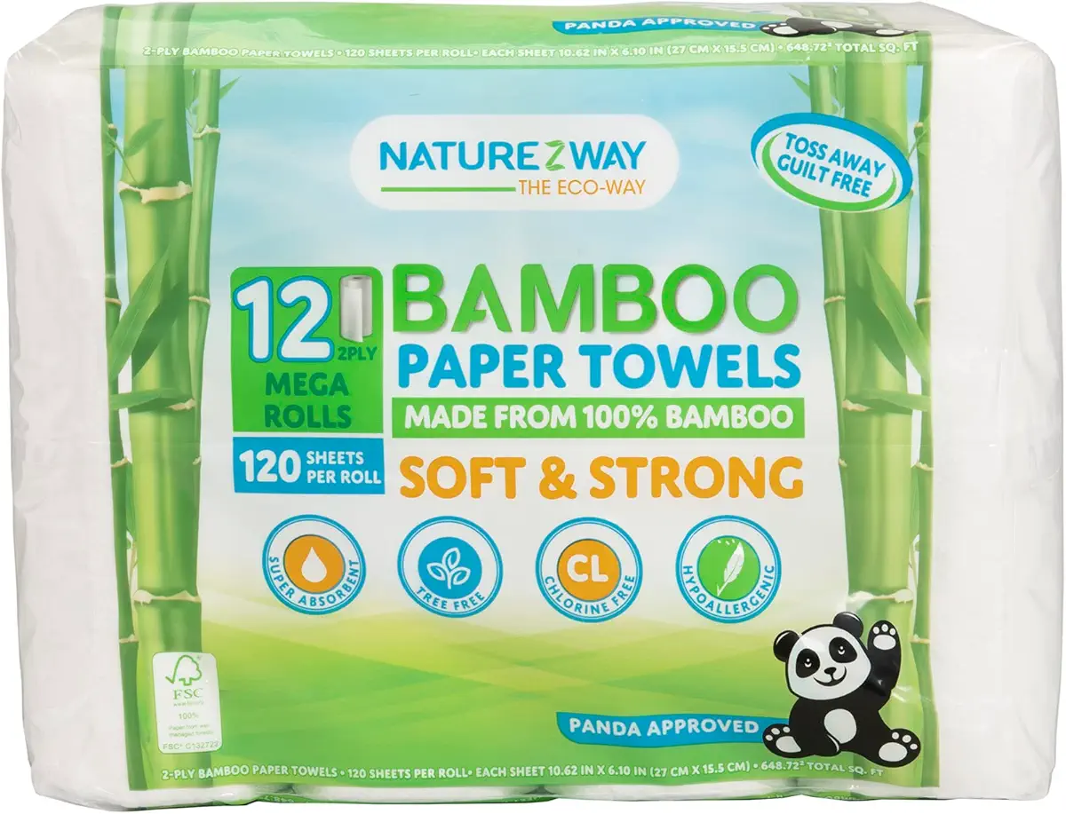 NATUREZWAY (12 PACK) BAMBOO PREMIUM QUALITY PAPER TOWELS 120 SHEETS PER ROLL - 2 Ply - Eco-Friendly - Planet Based - Tree Free