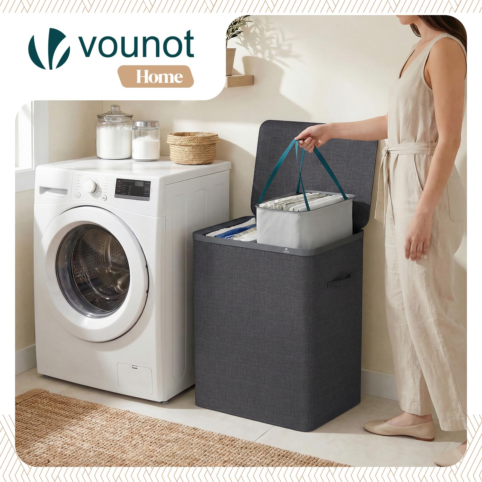 VOUNOT® Cesto Ropa Sucia con Tapa 150L Cesta para la Colada 2 Compartimentos Cubo Ropa Sucia Plegable con Bolsas Interiores Extraíbles y Asas Laundry Basket para Lavandería Dormitorio Baño Antracita