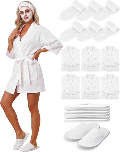 Jecery 6 Sets Lightweight Waffle Spa Robe Set for Women with Slippers & Headbands Summer Hotel White Bathrobes Bulk for Bridal Party Bridesmaids Salon Resort