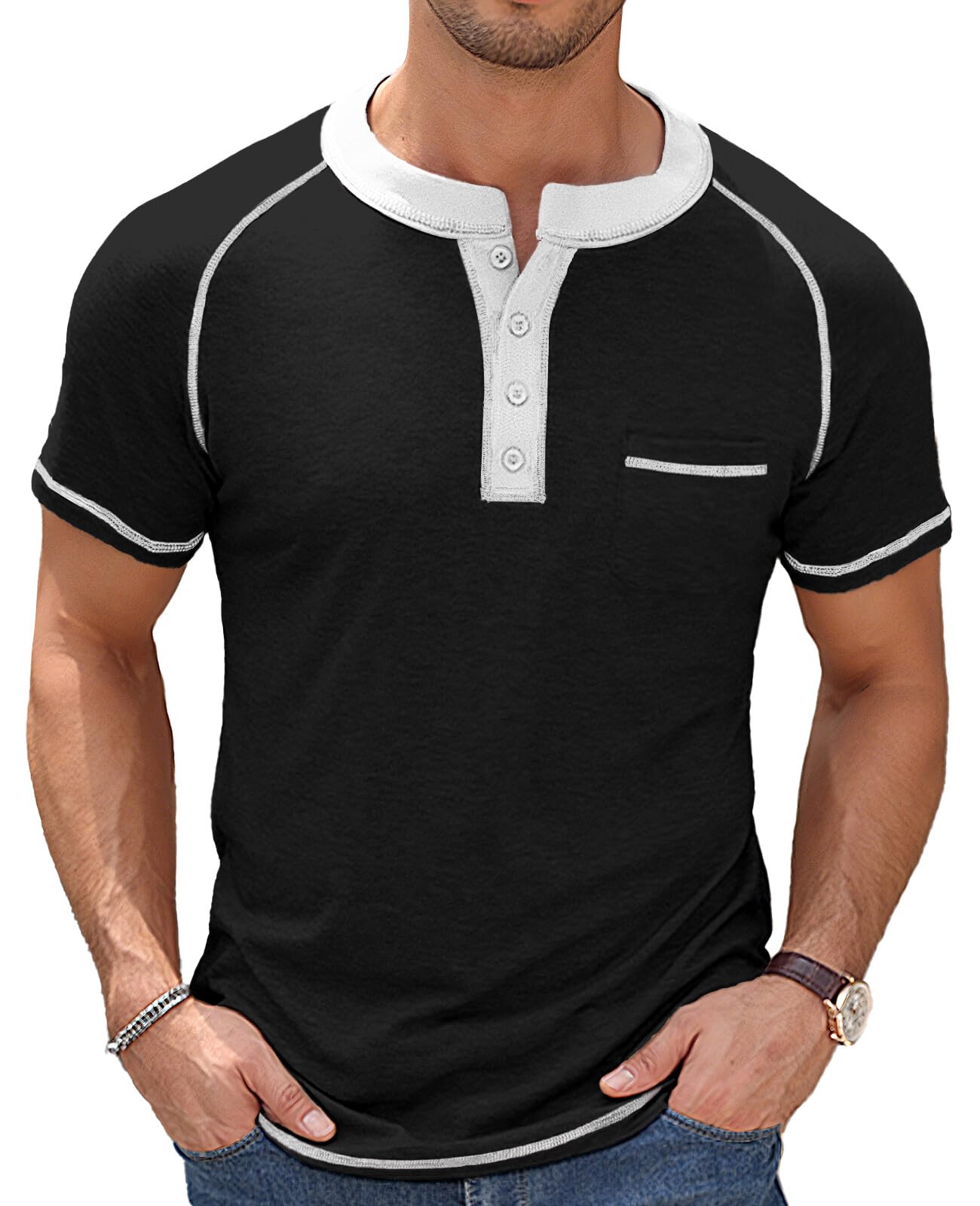 KUYIGO Mens Henley Shirts Short Sleeve Casual Summer Basic T Shirts Button Fashion V Neck Tee Top