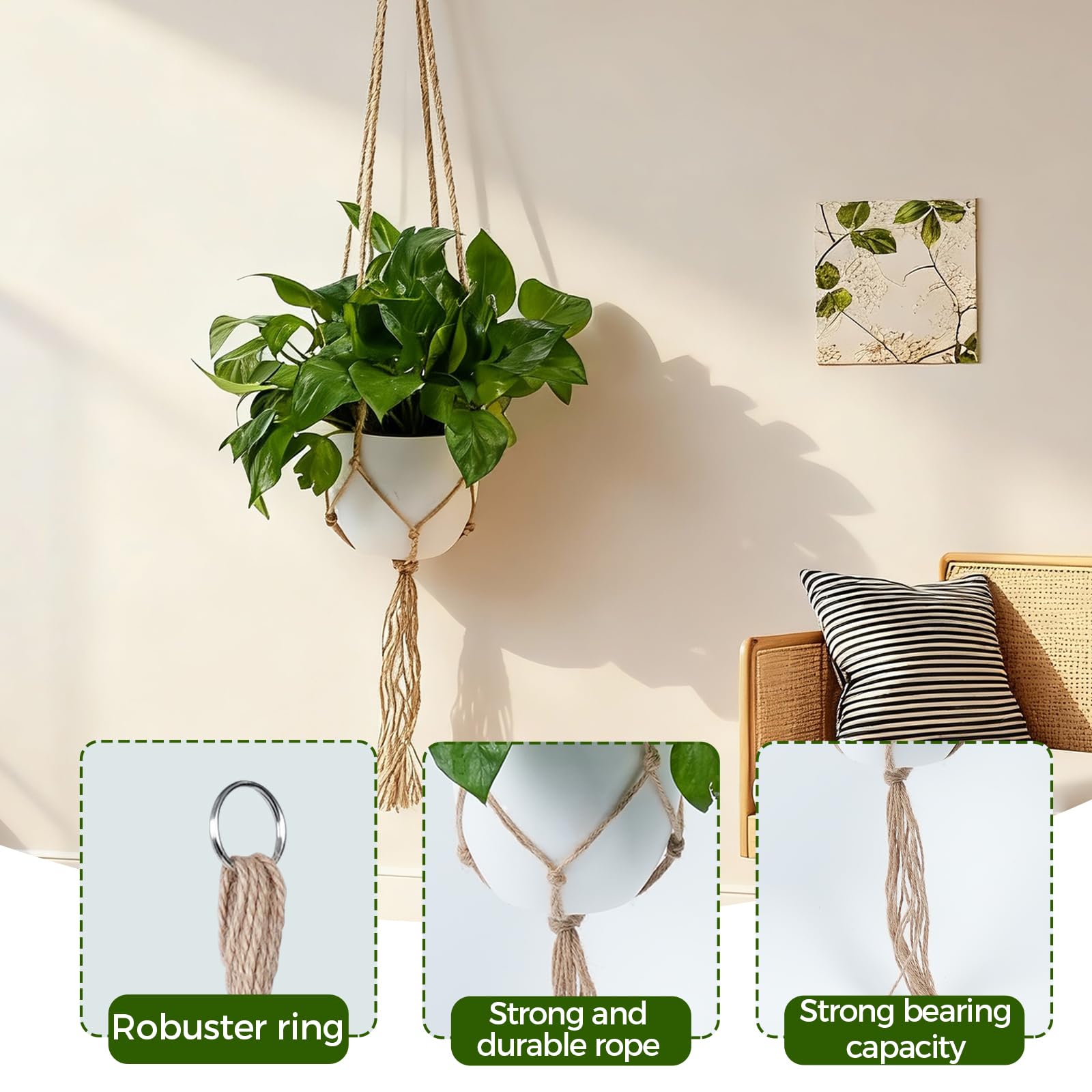Bamworld Wiszące wieszaki na rośliny, makrama, 2 sztuki, 120 cm, lina jutowa, do użytku wewnątrz i na zewnątrz, uchwyt na rośliny, wiszący kosz na rośliny boho