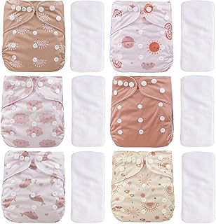 12 Set Reusable Adjustable Cloth Diapers for Newborn to 0-3 Years,One Size Washable Pocket Nappy Covers for Baby Girl and Boy,6 Pack Cloth Diapers+6pcs Microfiber Inserts(Pink)