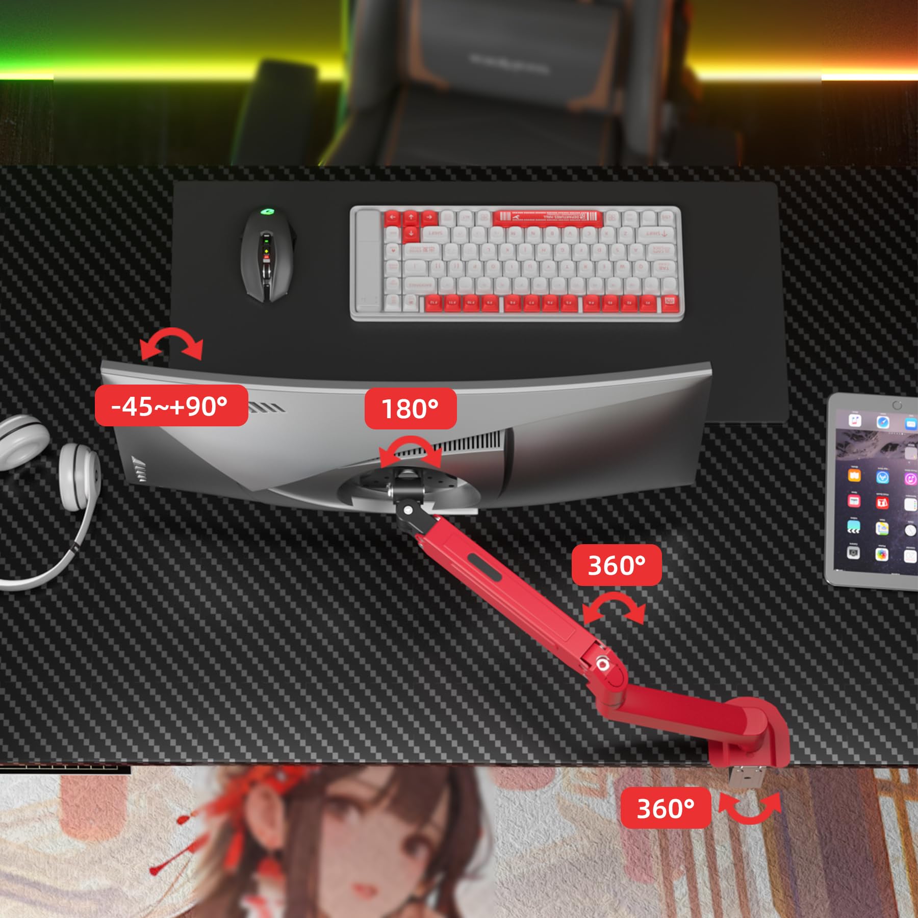 Supporto per monitor da 17 – 34 pollici, con molla a gas, capacità di carico di 2 – 9 kg, supporto per monitor, braccio singolo, morsetto per scrittura, 50/75/100 mm (rosso)