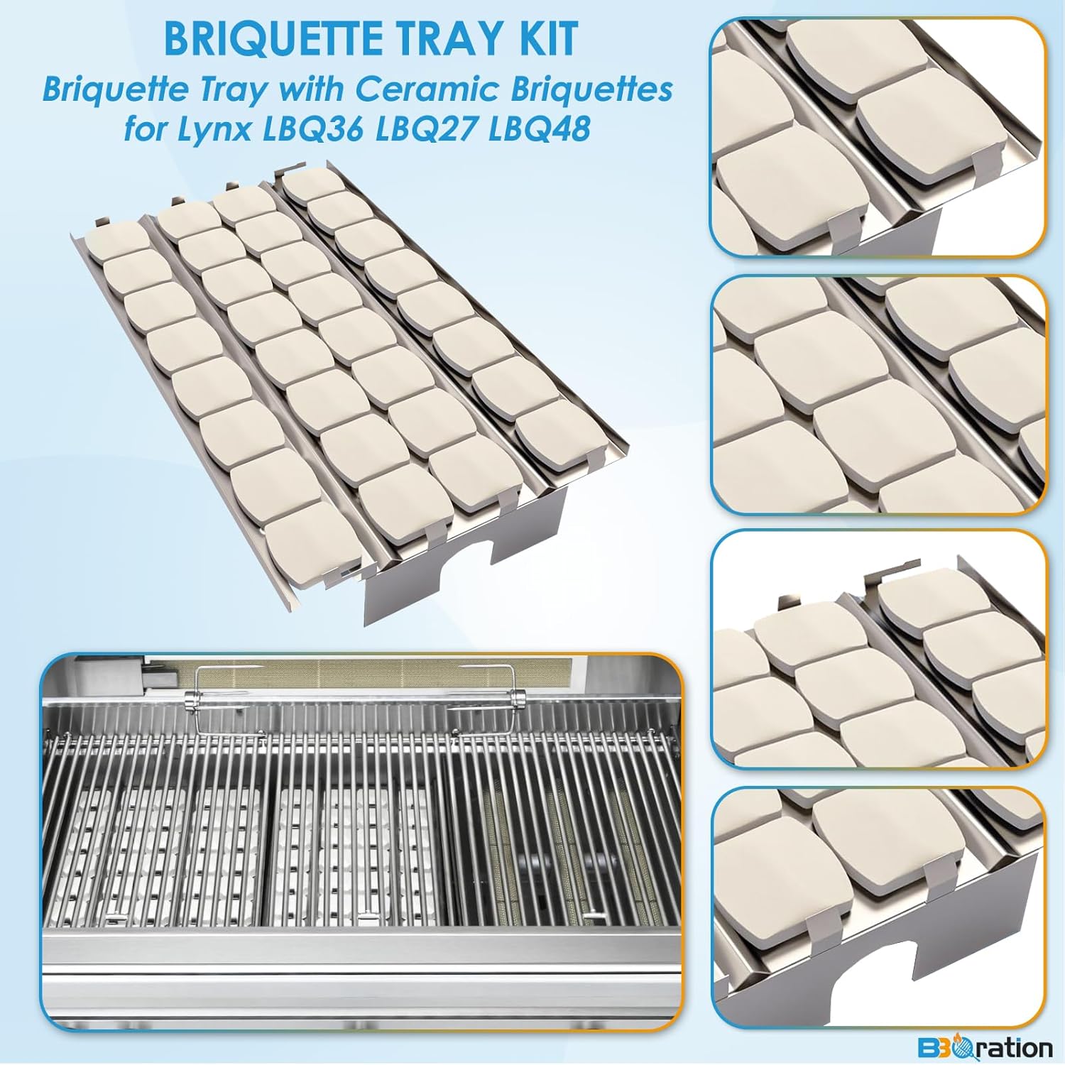 Briquette Tray with Ceramic Briquettes for Lynx LBQ36 LBQ27 LBQ48 L30APSFR LDR54 LSB1 LDR27 LDR36 Stainless Steel Heat Shield Replacement Parts for Lynx Premier Series Grills
