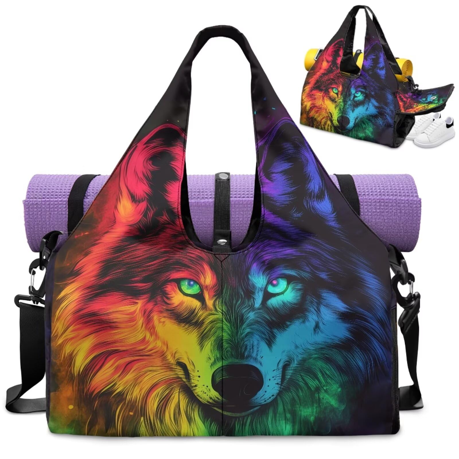 Dngkaoje Animals Wolf Print Yoga Bag for Women with Shoe Compartment Carrier and Wet Compartment Gym Bag for Women with Yoga Mat Pilates Shoulder Tote Bag Mens Travel Storage Organization