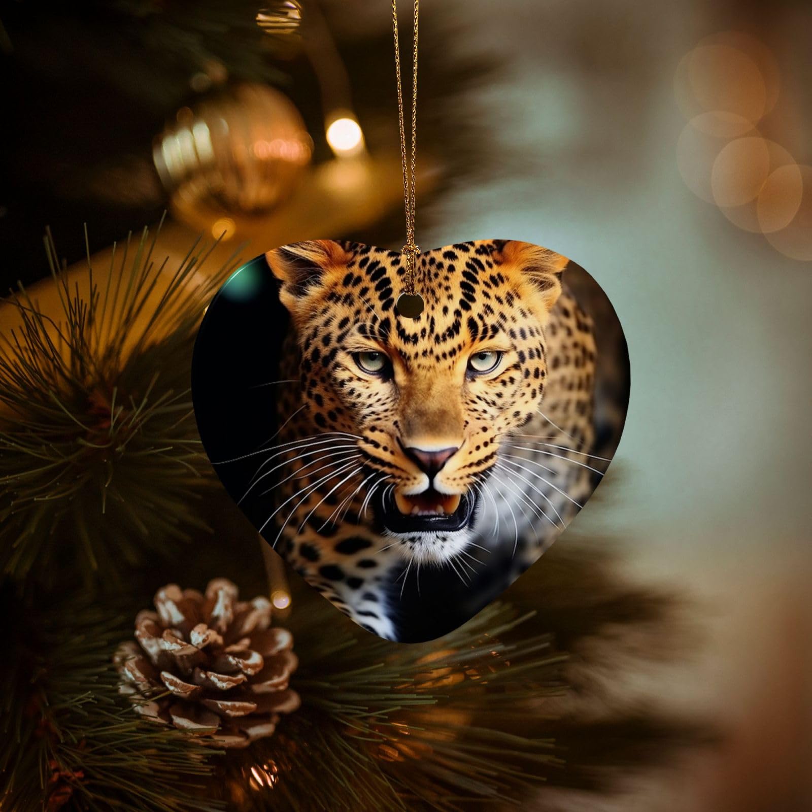Christmas Tree Ornaments Ceramics Christmas Decorations Leopard Ornaments with Gold Ribbon Porcelain Xmas Tree Crafts Heart Shape Hanging Pendant for Christmas Tree Party Decor