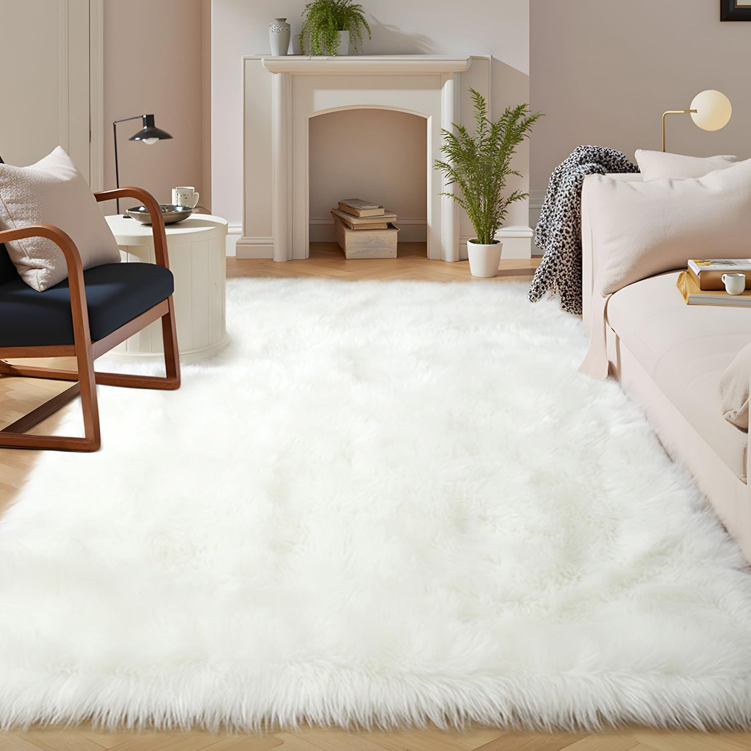Latepis White Faux Fur Rug 8x10, Faux Fur Sheepskin Rug for Living Room, Fluffy Washable Fuzzy Rugs Carpet for Bedroom, Luxury Room Decor, Rectangle 8' x 10' (Rectangular) White