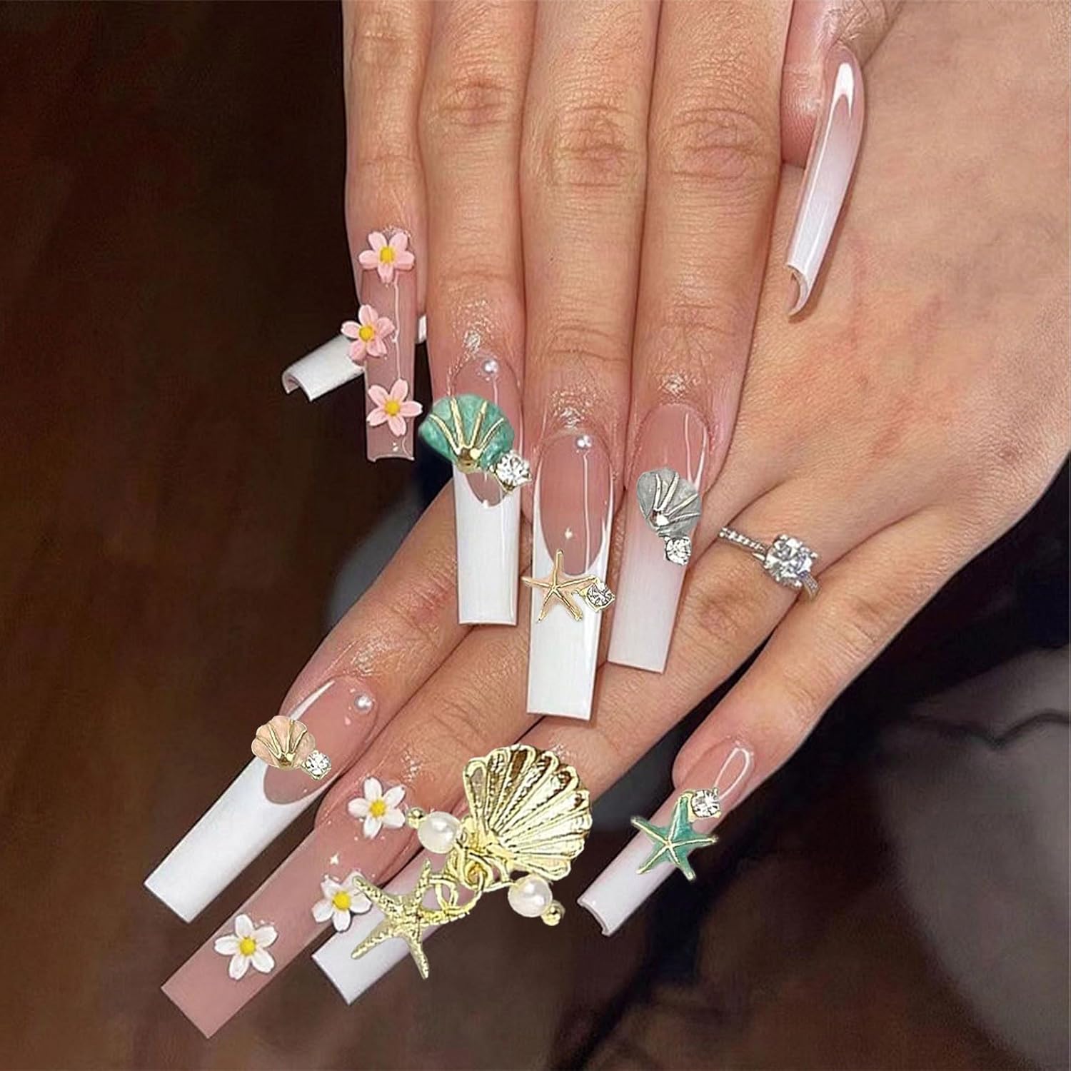 32PCS 3D Summer Beach Art Rhinestones Shell Starfish Fishtail Nail Studs Sea Series Ocean Theme Alloy Nail Charms Supplies for Nail Art Designs DIY Manicure Decoration - Image 5