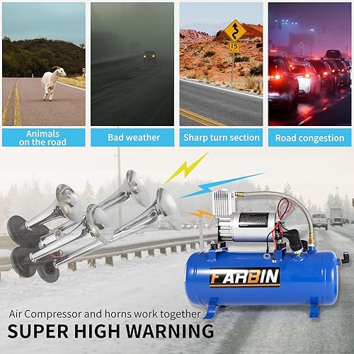 Vista 11 de FARBIN - Bocina de aire de 4 trompetas, 12/24 V, 178 dB, superpotente, incluye solenoide eléctrico, universal, para trenes, camiones, SUV y lanchas