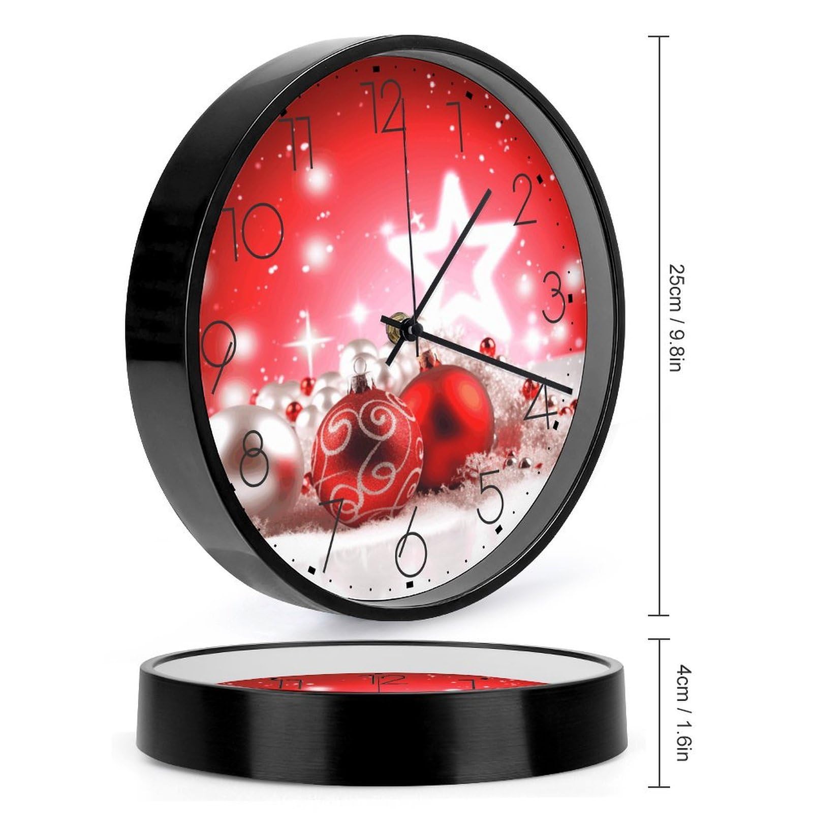 Reloj de pared redondo personalizado con fondo de decoración navideña de 9.8 pulgadas, moderno reloj circular para sala de estar, dormitorio, cocina, oficina, decoración, funciona con pilas