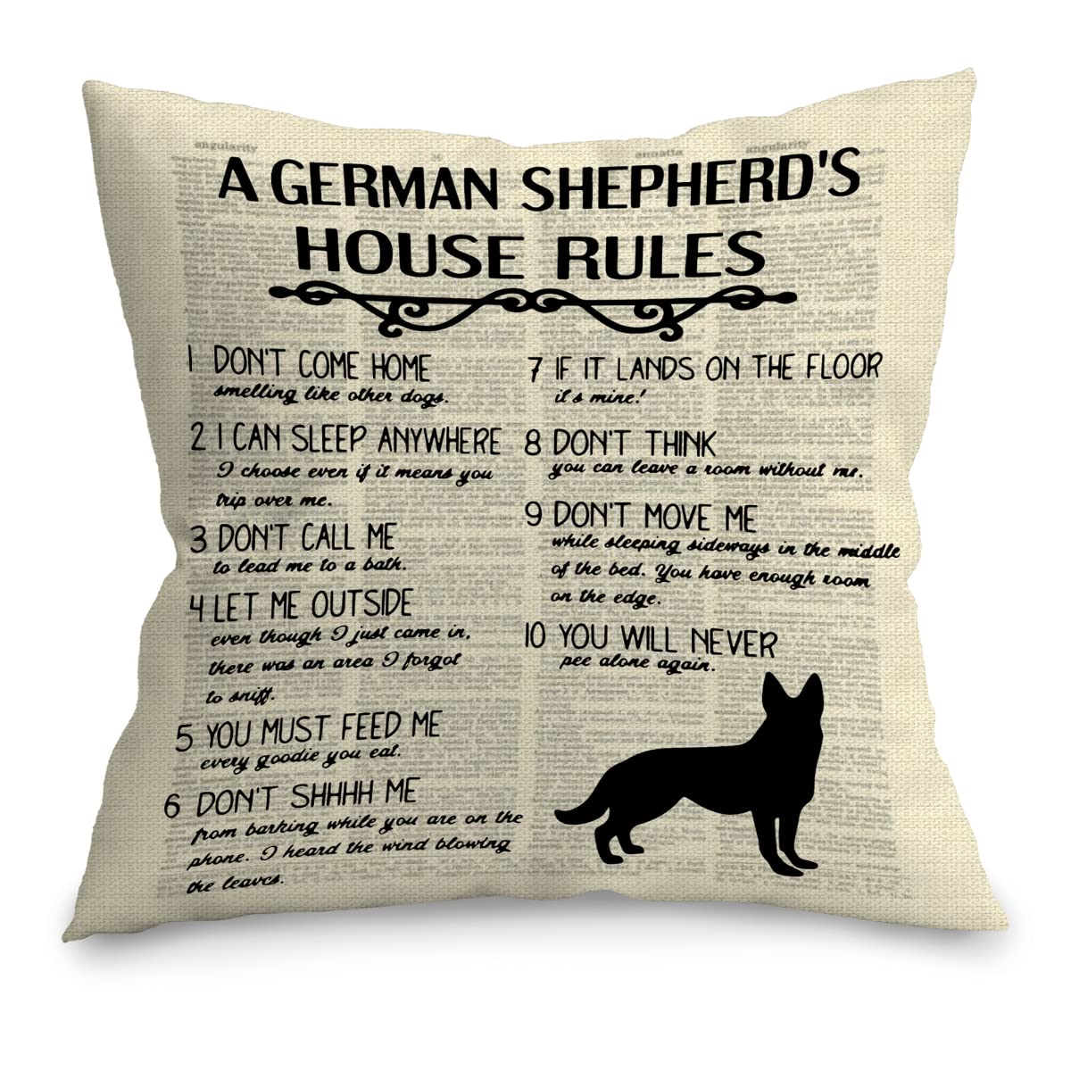 18''x18'' A German Shepherd’s House Rules Throw Pillow Cover,Funny Dog Silhouette Decor Decorations For Home Bedroom Living Room Girls Room,Gifts For Dog Lovers German Shepherd Mom Girls Women