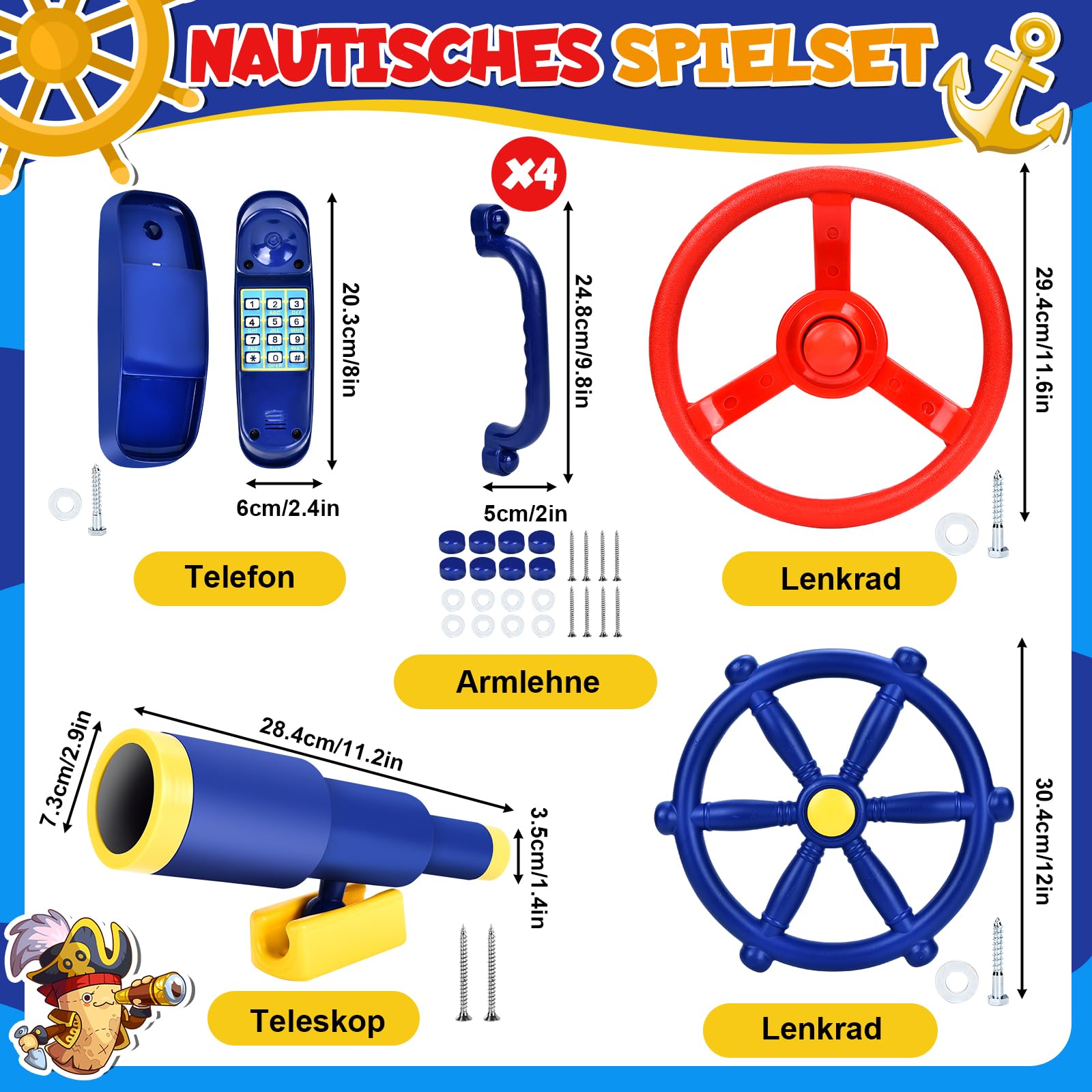 JONRRYIN Spielturm Zubehör Steuerrad Set, 8Pcs Zubehörset für Spielturm, Lenkrad, Teleskop Fernrohr, Glocke Telefon, Accessoires für Spielturm, Klettergerüst, Schaukel und Garten (Blau)