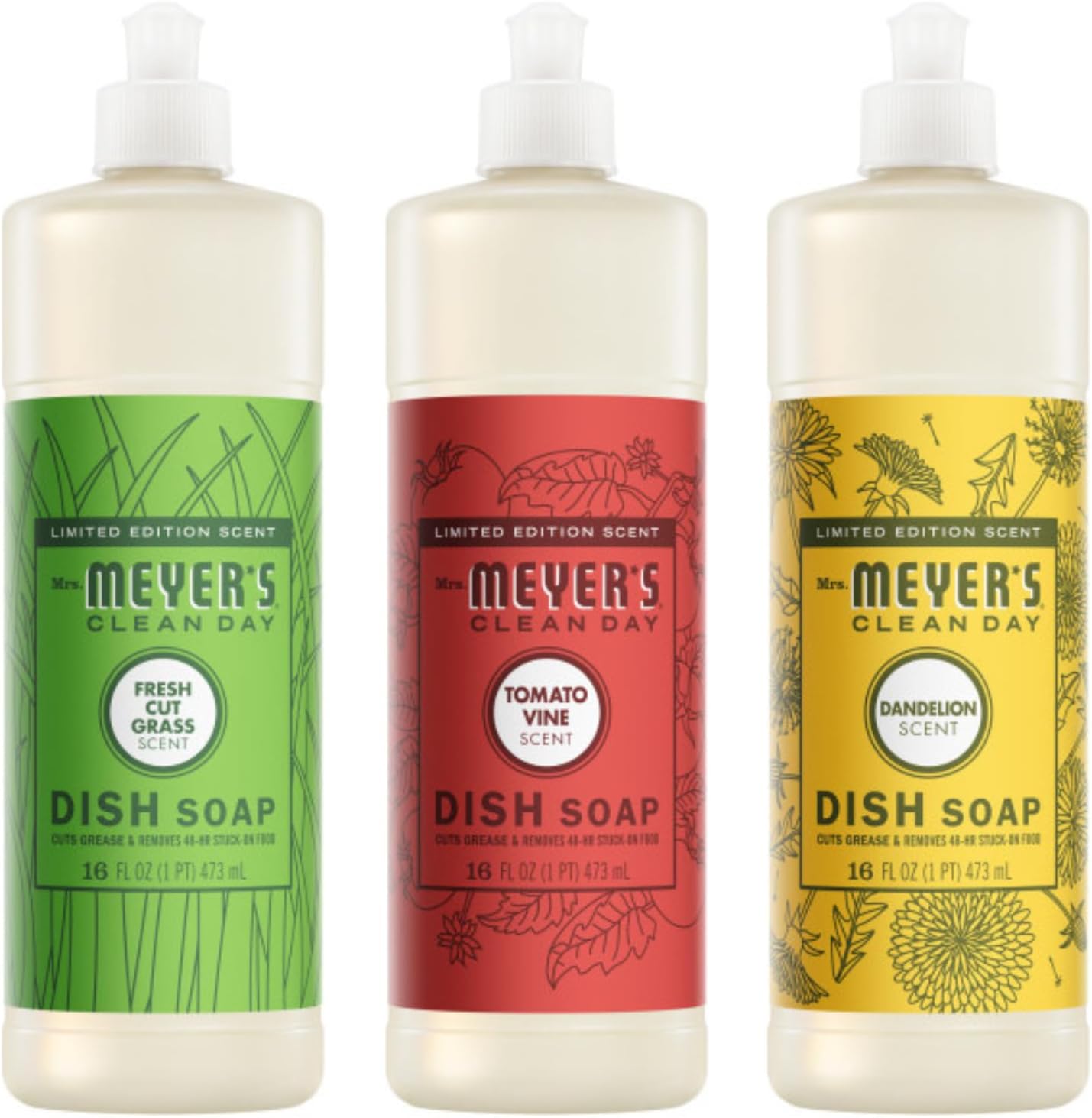 Mrs. MEYER'S CLEAN DAY Liquid Dish Soap 3 Pack Variety, Tomato Vine, Dandelion, Fresh Cut Grass, 16 OZ Each, 1 CT