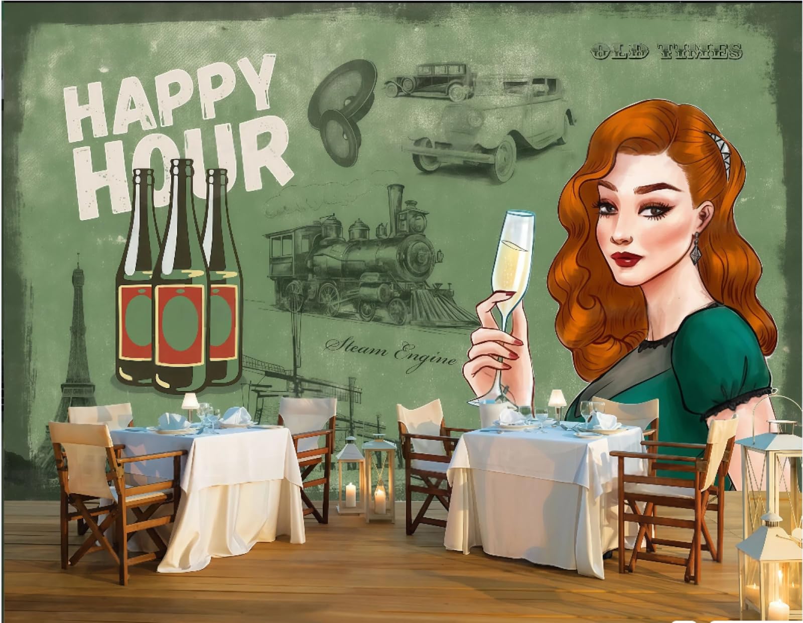 Rskjdghshd 3D Wallpaper Retro Nostalgic Building Train Silhouette Bar Theme Drink Shop Western Restaurant Background Wall Mural Afternoon Tea Coffee Shop Wallpaper,,400X280cm