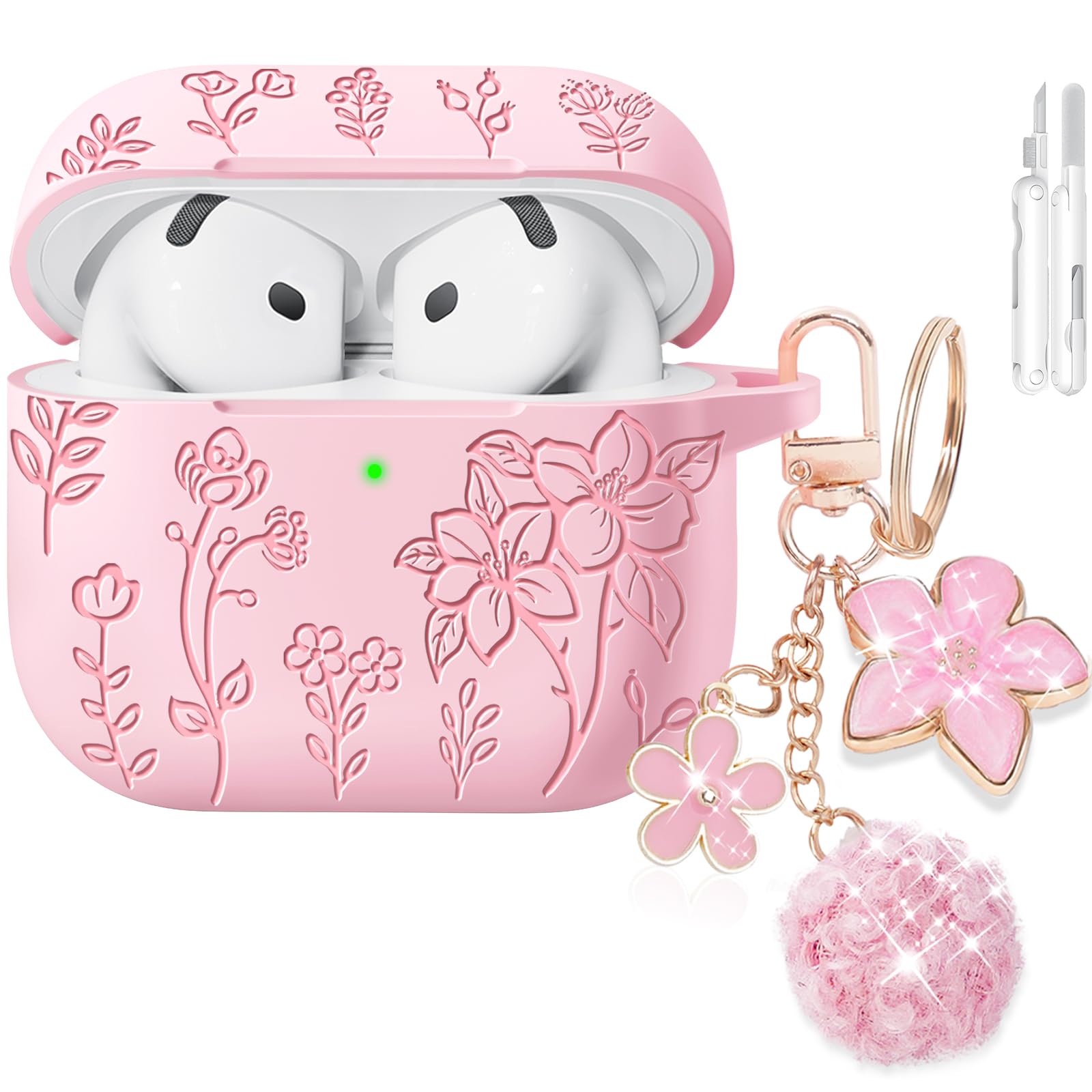 Ekoonpft for AirPods 4 Case, Soft Silicone Flower Engraved Cases Pink | with Cleaner &amp; Foral Charm Keychain, Cute Girly Stylish Women AirPods 4 Accessories - Shockproof, Scratch &amp; Dust Resistant