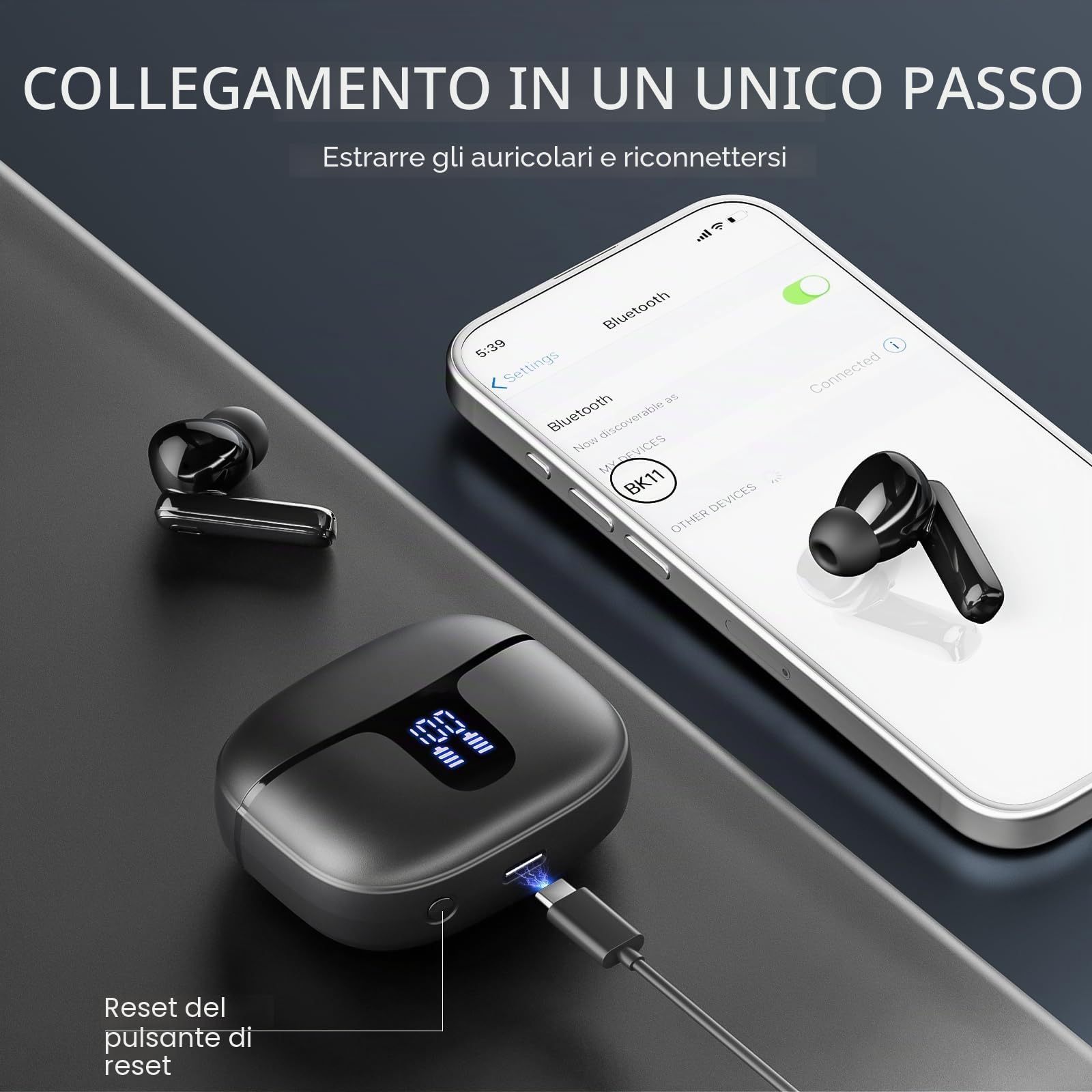 Cuffie Bluetooth senza fili Bluetooth 5.3 in Ear Cuffie con 4 ENC Mic, 40H HiFi Stereo Bass Sound Wireless Cuffie Cancelling Earbuds IP7 Impermeabile Auricolari USB-C LED Display