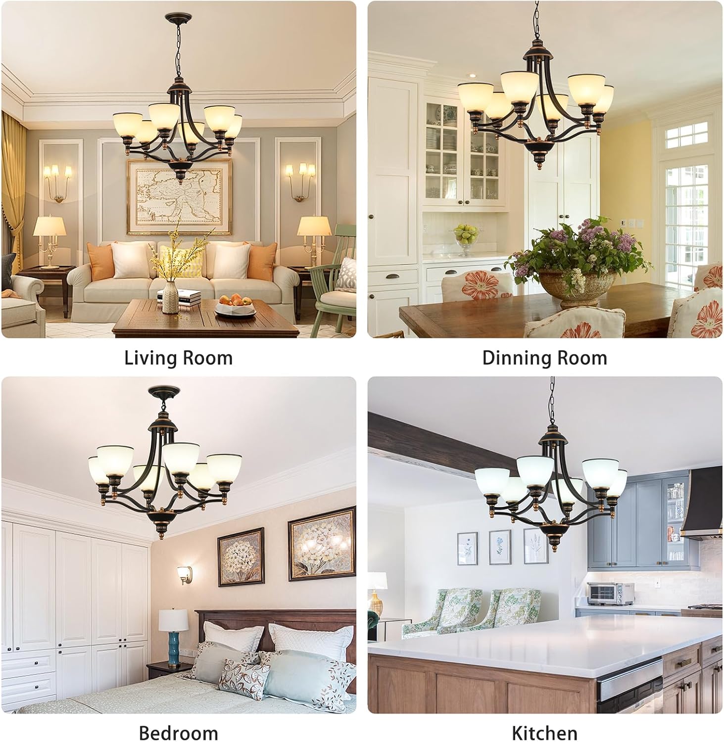 Ganeed Vintage Farmhouse Chandelier with Oil Rubbed Bronze Finish & 6-Frosted Glass Shades, Adjustable Height Rustic Dining Room Ceiling Pendant Lighting for Kitchen Island, Living Room, Dining Table