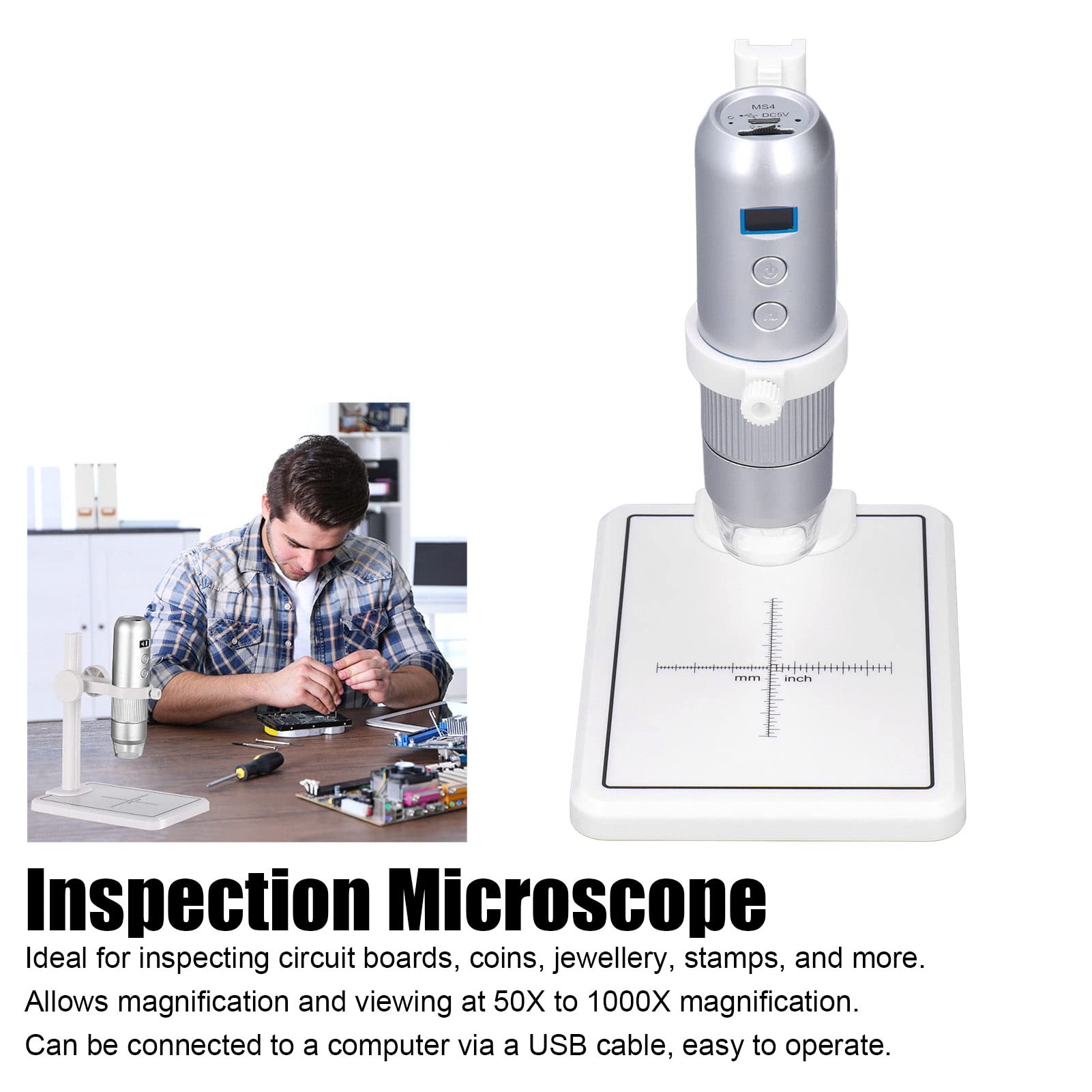 Cocoarm Elektronenmikroskop, ABS, WiFi, Computermikroskop, 50 X Bis 1000 X, 8 LEDs, Manueller Fokus, 1080P, Videomikroskop für die Inspektion von Leiterplatten, Münzen, Schmuck, Uhren, Kinderstudie