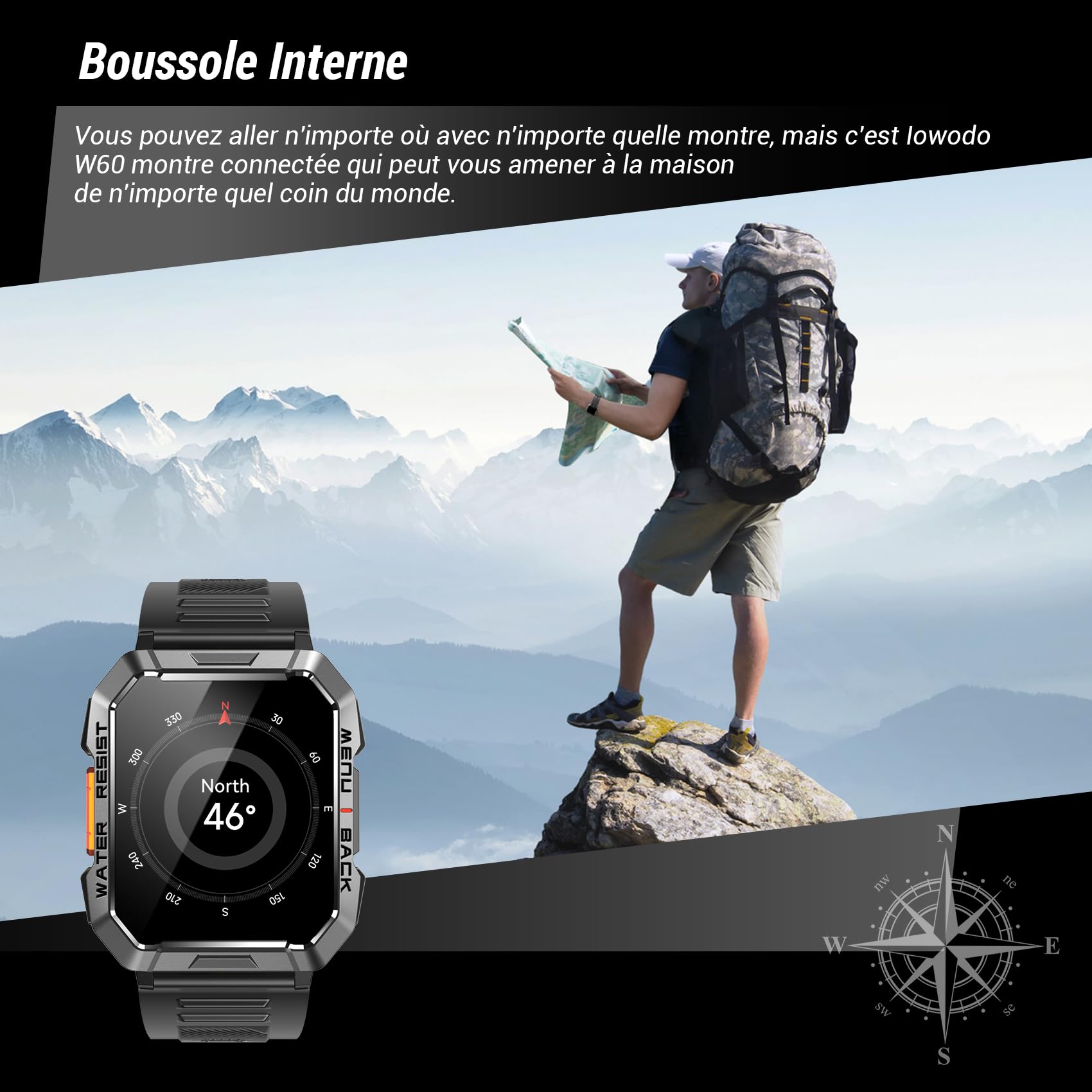 Montre Connectée Militaire Hommes, Autonomie 100 jours, Lampe de Poche LED