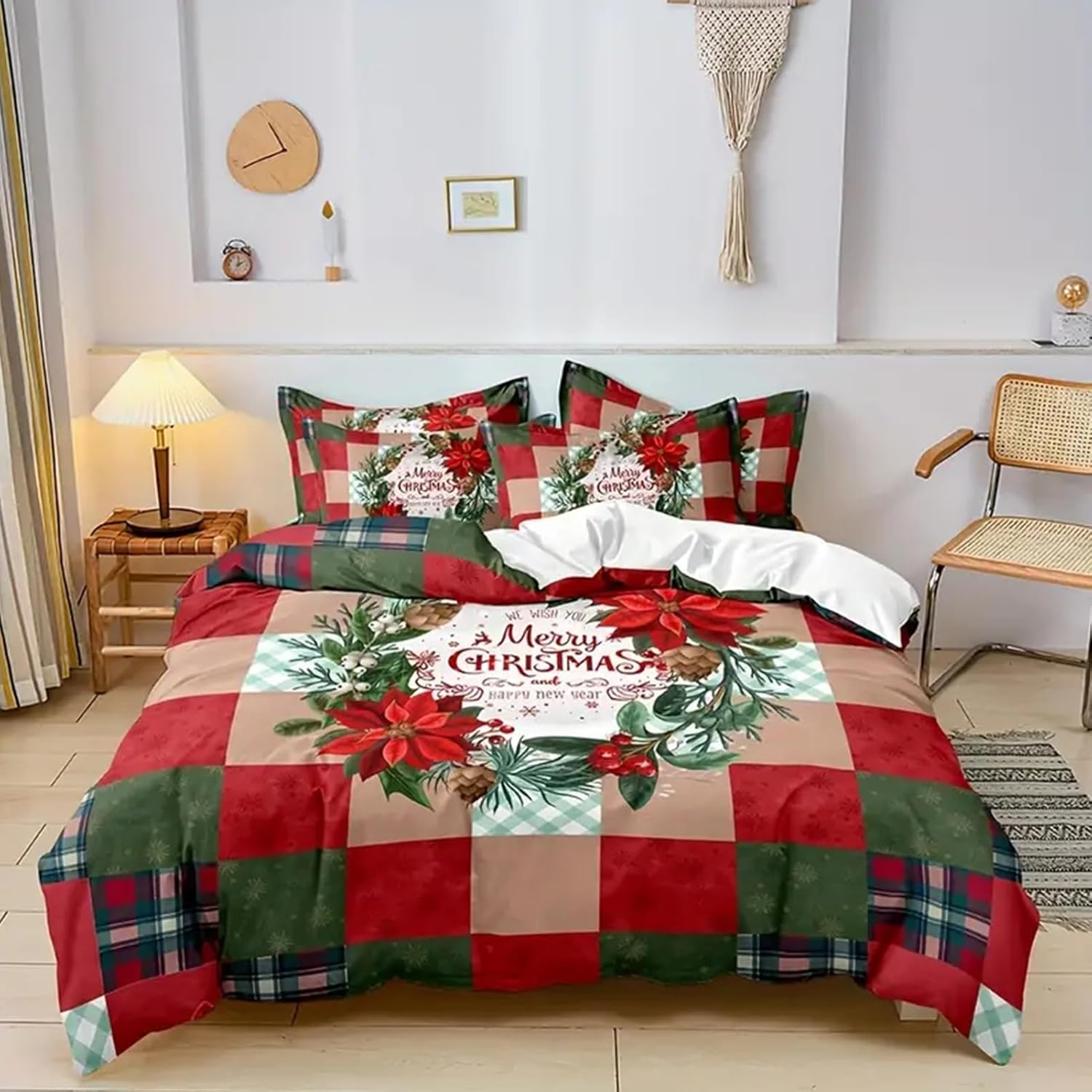Christmas Duvet Cover King Size, Floral Wreath Comforter Cover Holiday Decoration Theme Bedding Set with Zipper Closure Printed Quilt Cover (1 Duvet Cover + 2 Pillowcase)