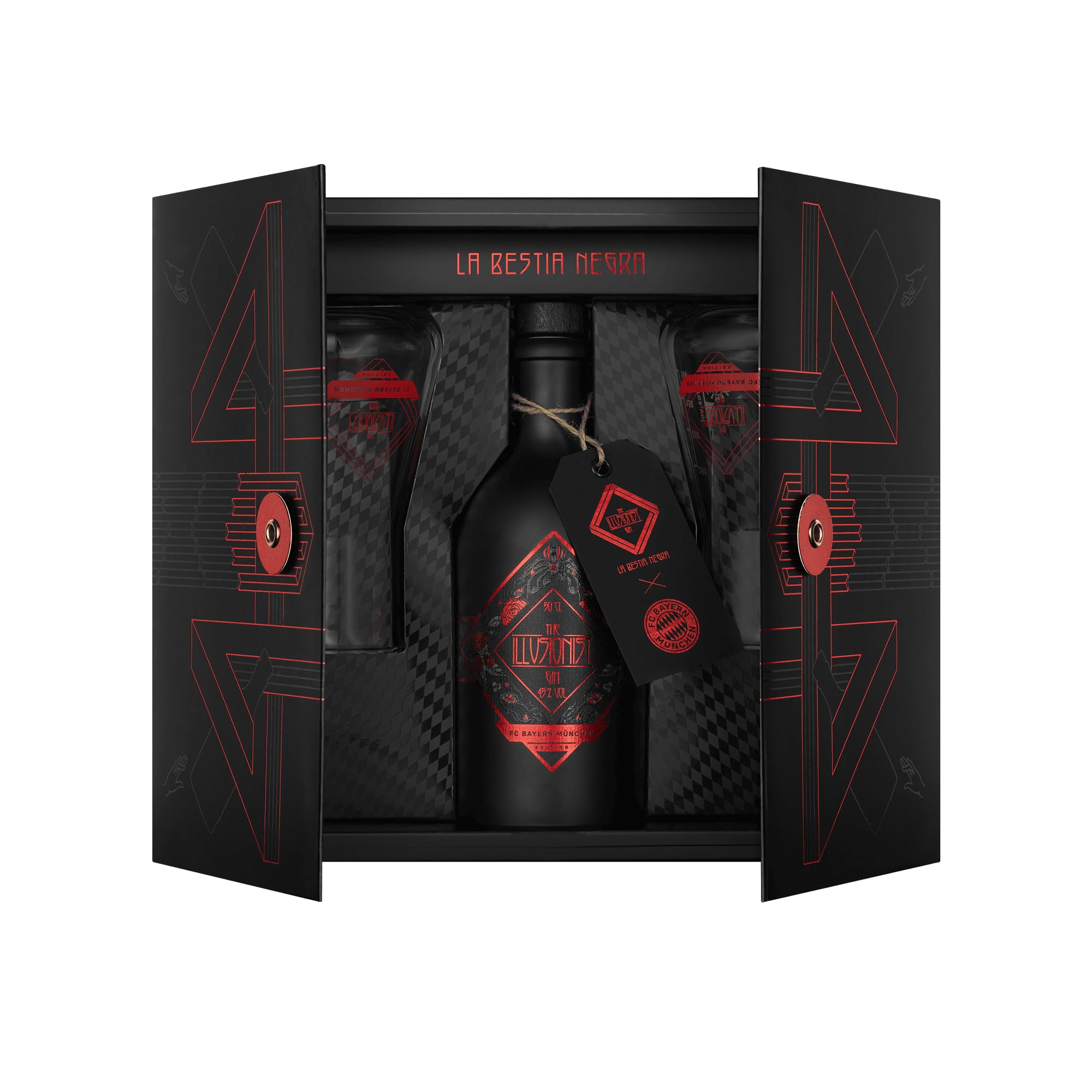 The Illusionist La Bestia Negra Geschenkset | The Illusionist Gin FCB München Ed. | Premium Geschenkset mit 2 Gläser & Cocktailbuch | Beerig & Frisch | 45% vol. | 500ml Einzelflasche