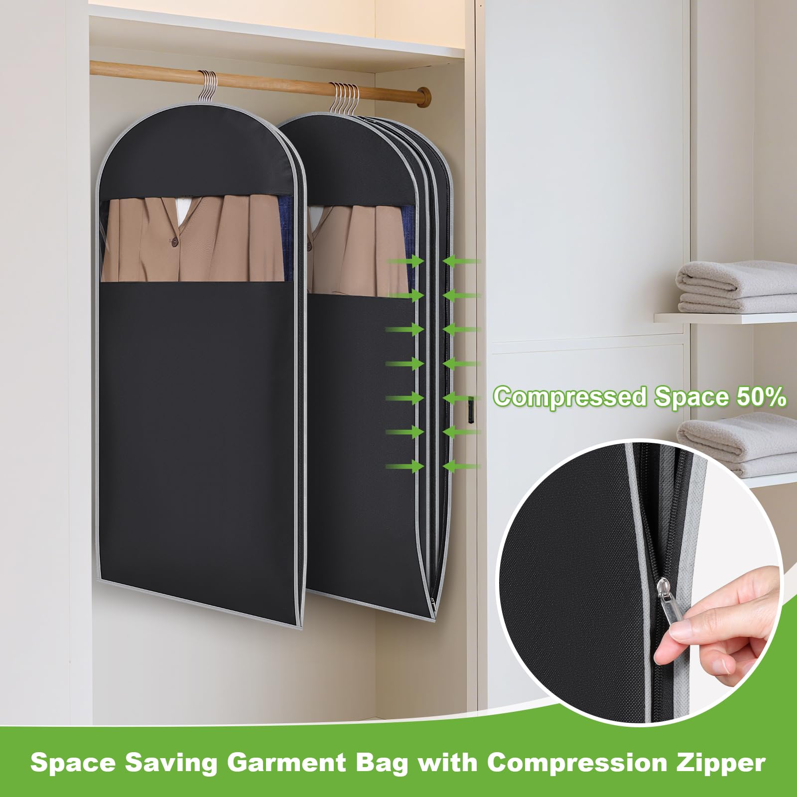 KEEGH Platzsparender Kleidersack zum Aufhängen mit selbstkomprimierendem Reißverschluss, 127 cm Kleidersäcke zum Aufhängen von Kleidung mit transparentem Fenster, Anzugtaschen für Schrankaufbewahrung