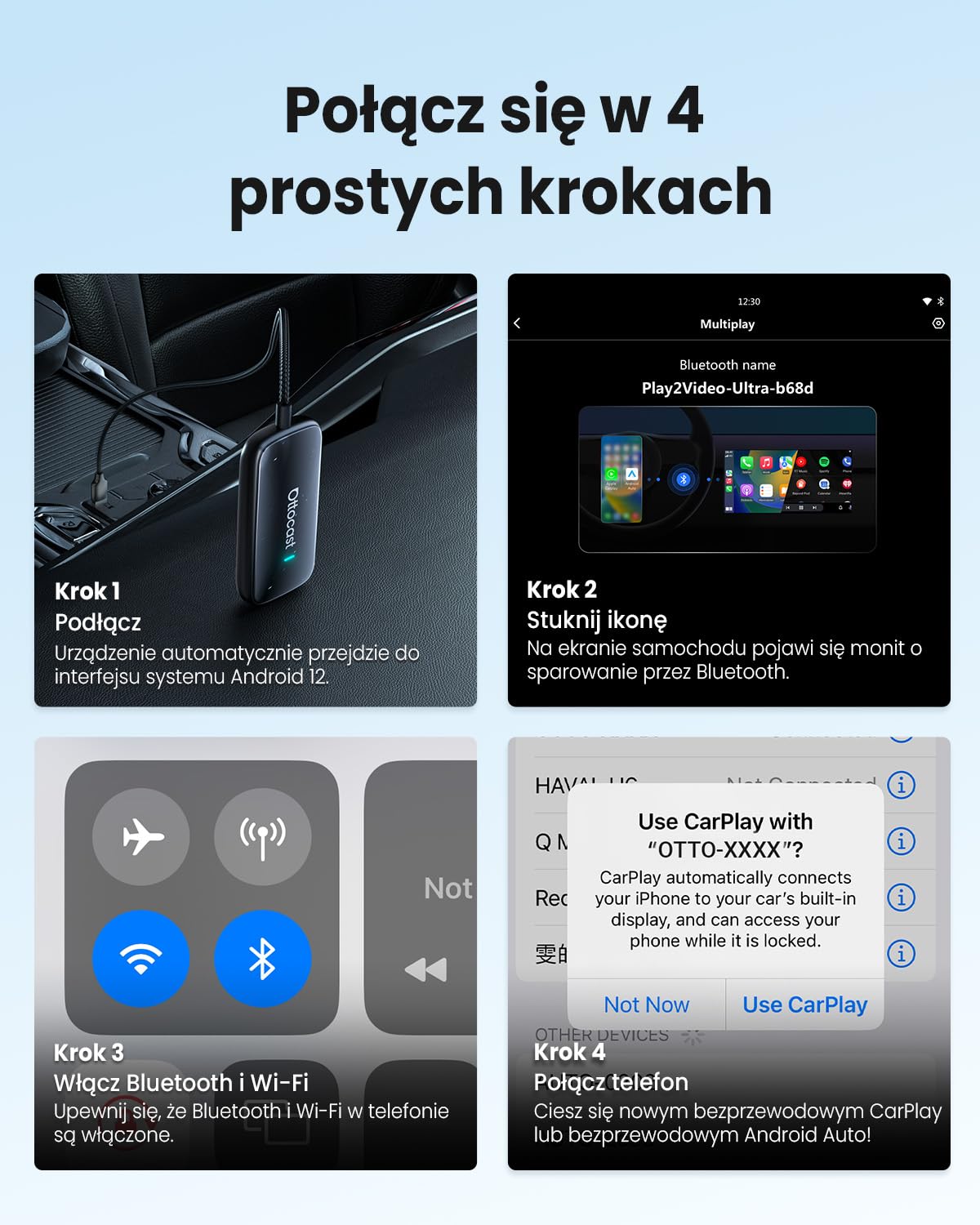 OTTOCAST Play2Video Ultra, 3 w 1 Box AI do Netflix/YouTube/Prime Video, Bezprzewodowy Adapter CarPlay i Android Auto z Pamięć USB, Dual Band Wi-Fi, Bluetooth 5.4, Niskie Opóźnienia, 4GB+32GB
