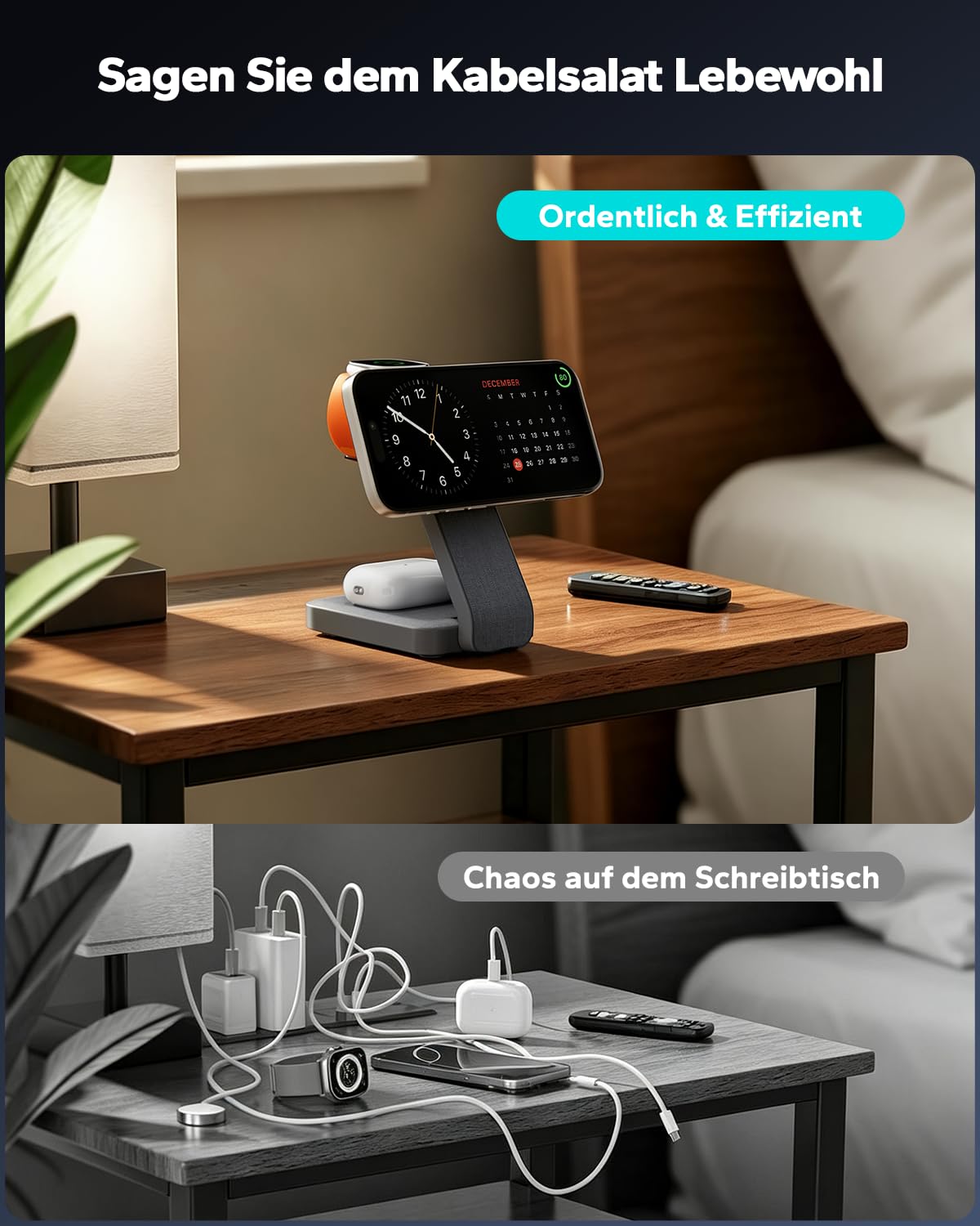 Eazpower Magsafe Ladestation für Apple Watch und iPhone 3 In 1 Faltbar, iPhone Ladestation Magsafe Ladegerät Schnellladefunktion mit Nachtlicht für iPhone 17~12, Apple Watch 11~2, AirPods - Anthrazit