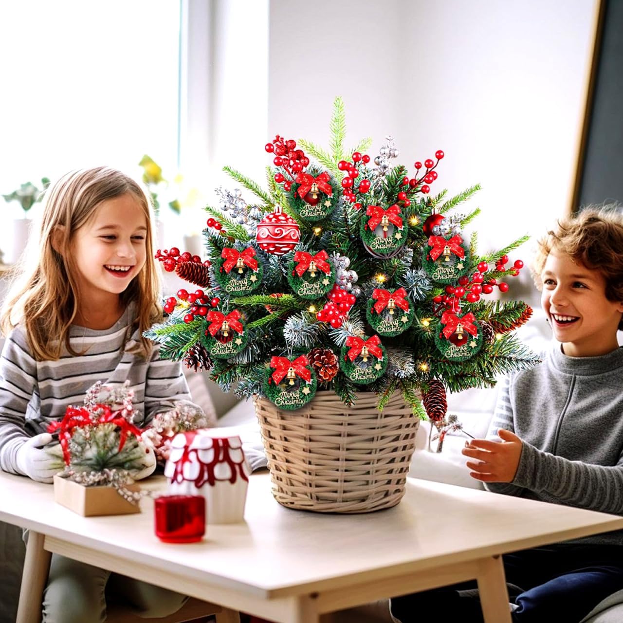 DECHOUS 12Pcs Miniature Christmas Wreaths: Dollhouse Mini Christmas Wreath Ornaments with Bows and Bells for Crafts Holiday Festive Doll House Decoration - Image 4